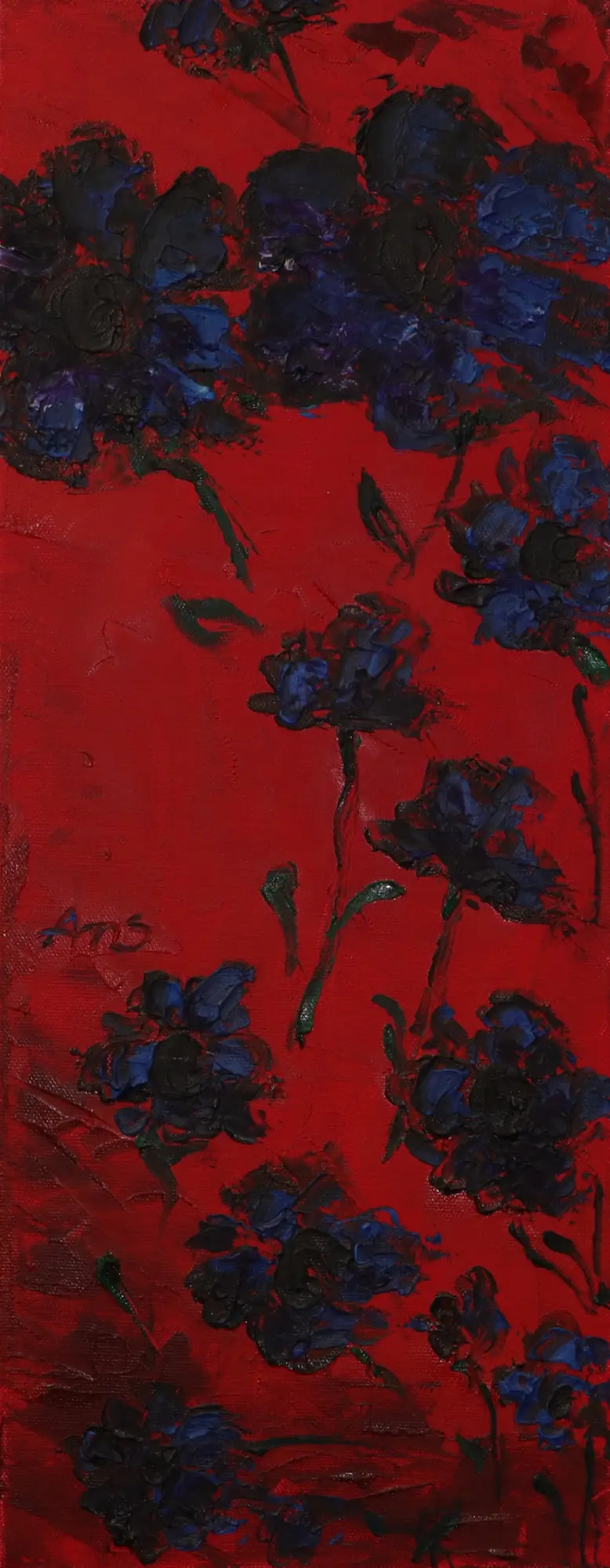 Gemaelde schmal Hochformat Hochkant rot blau Blumen Blume Korn Unikat Oel Kunst