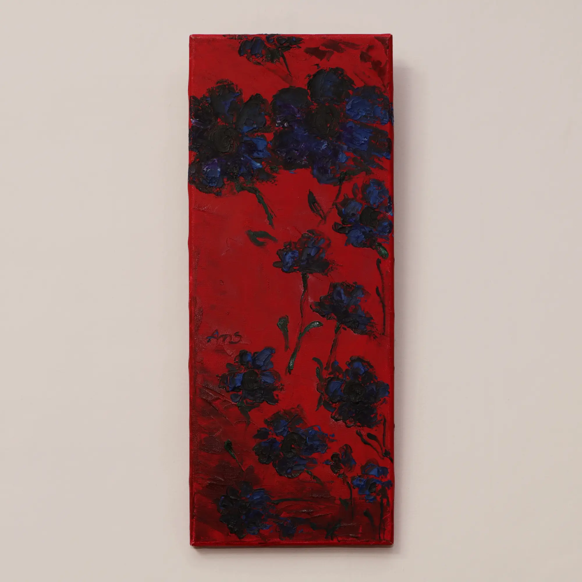 Nahaufnahme Gemaelde schmal Hochformat Hochkant rot blau Blumen Blume Korn Unikat Oel Kunst