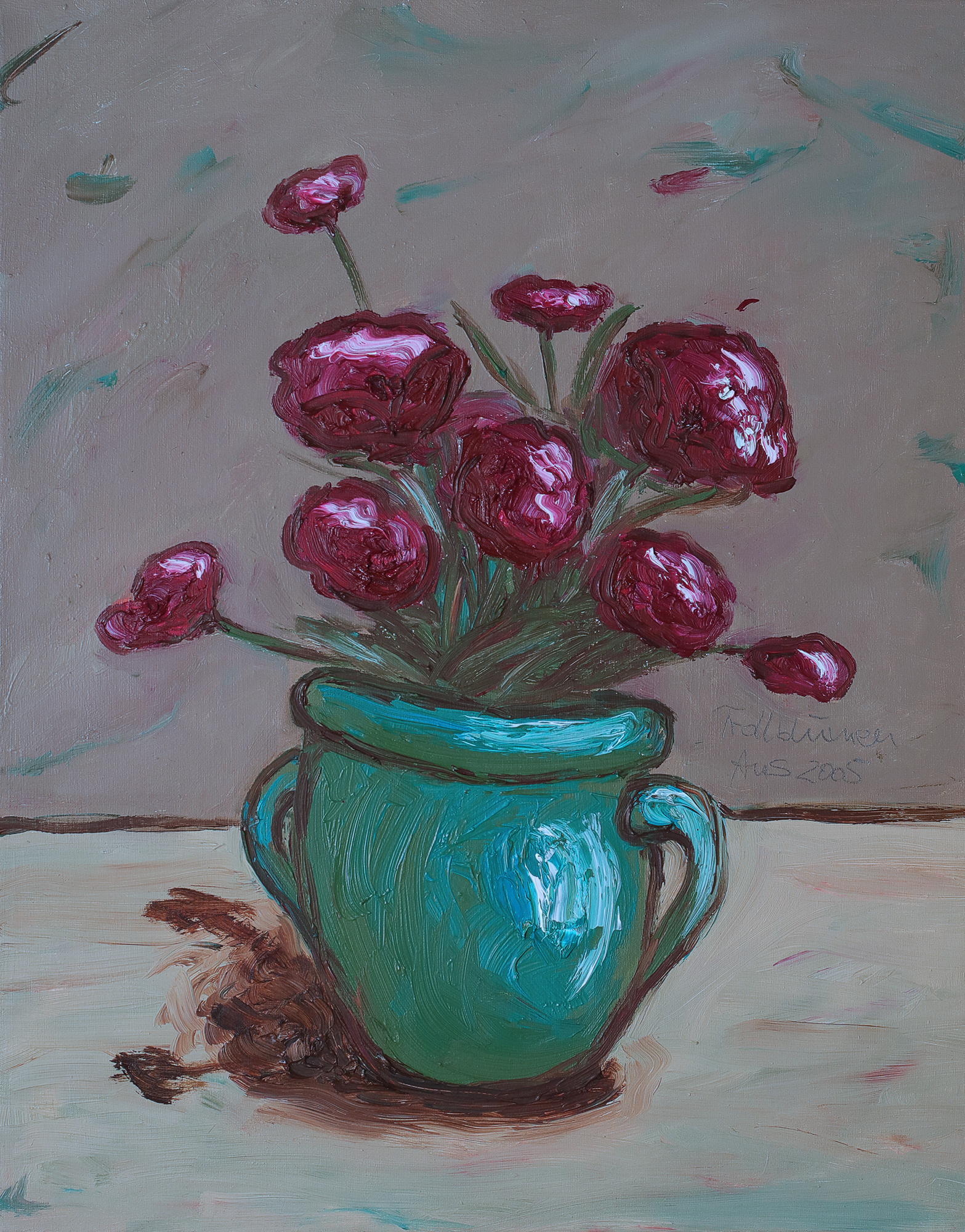 Gemaelde Hochformat Hochkant pink braun beige Art Blumen Blume Strauss Topf Vase