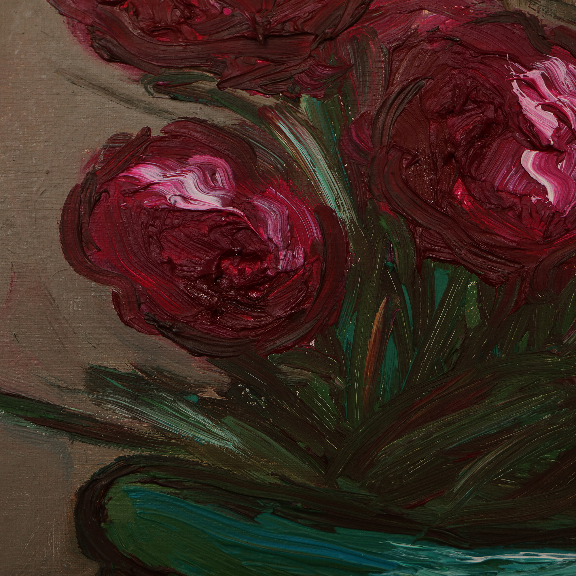 Detail Gemaelde Hochformat Hochkant pink braun beige Art Blumen Blume Strauss Topf Vase