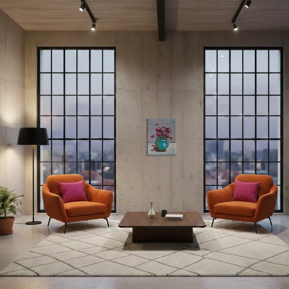 Wandbild für modernes Wohndesign Gemälde Hochformat Hochkant pink braun beige Art Blumen Blume Strauss Topf Vase