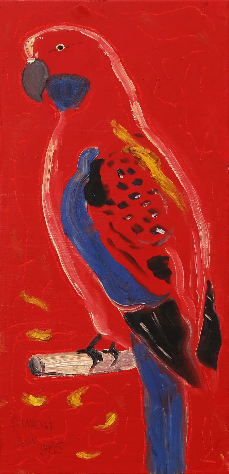 Gemälde Pennant Wellen Sittich Vogel rot pastos dick lang schmal Ara Papagei