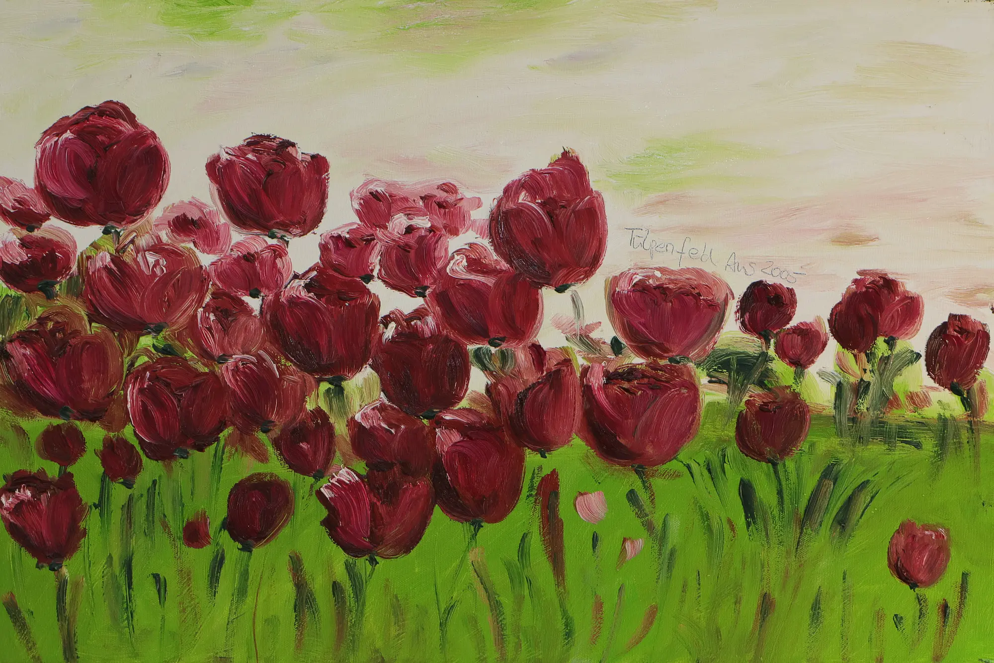 Gemaelde Bild Oel Tulpen Feld Holland rot weiss hell gruen Acker Wiese Unikat