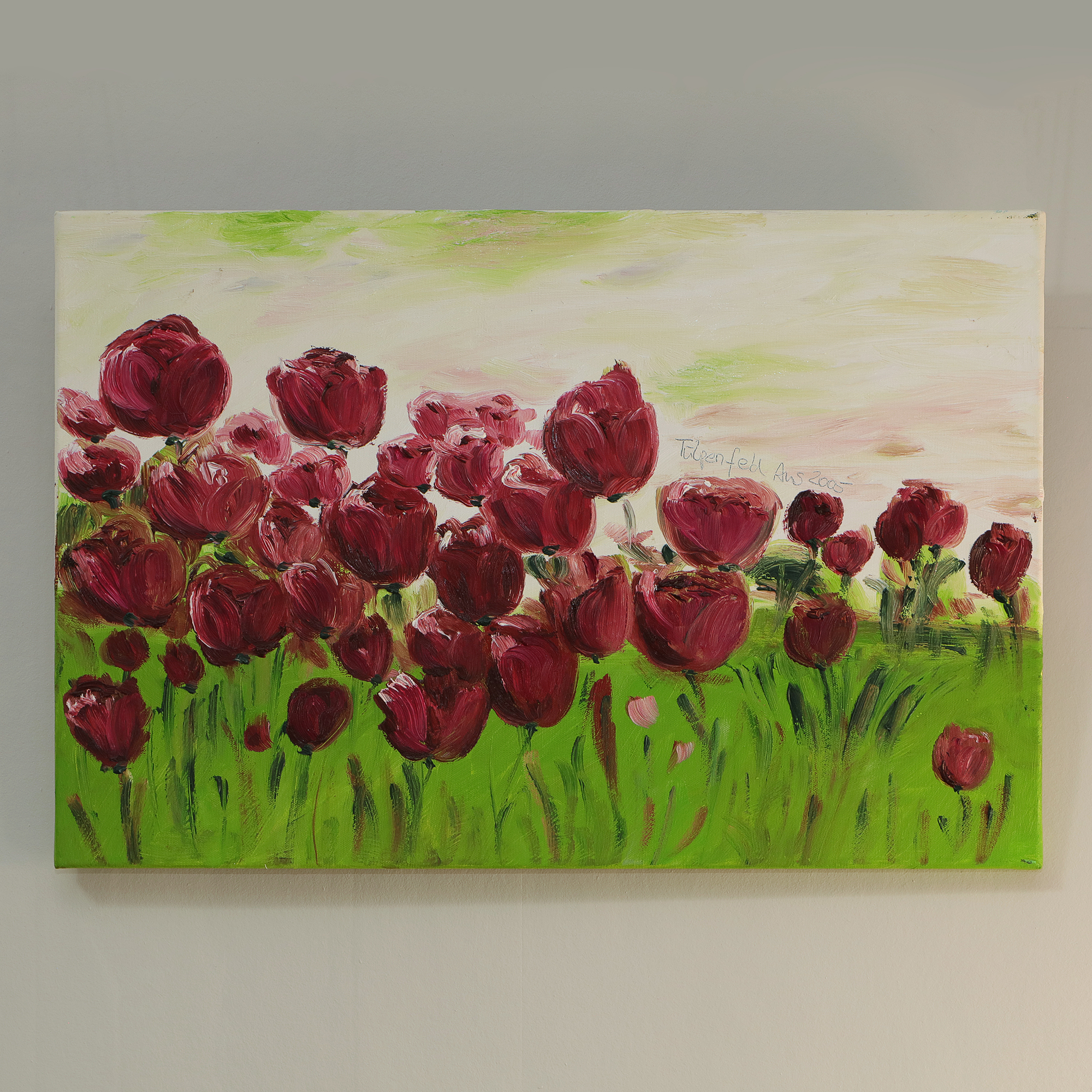 Detail Gemaelde Bild Oel Tulpen Feld Holland rot weiss hell gruen Acker Wiese Unikat