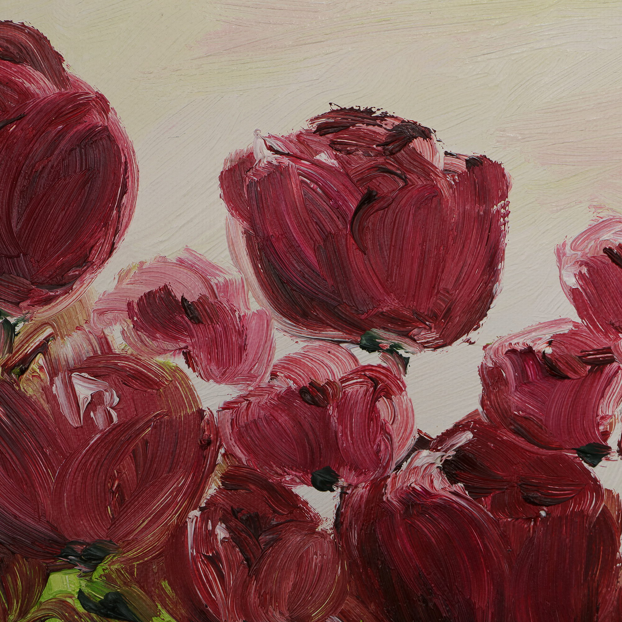 Detail Gemaelde Bild Oel Tulpen Feld Holland rot weiss hell gruen Acker Wiese Unikat