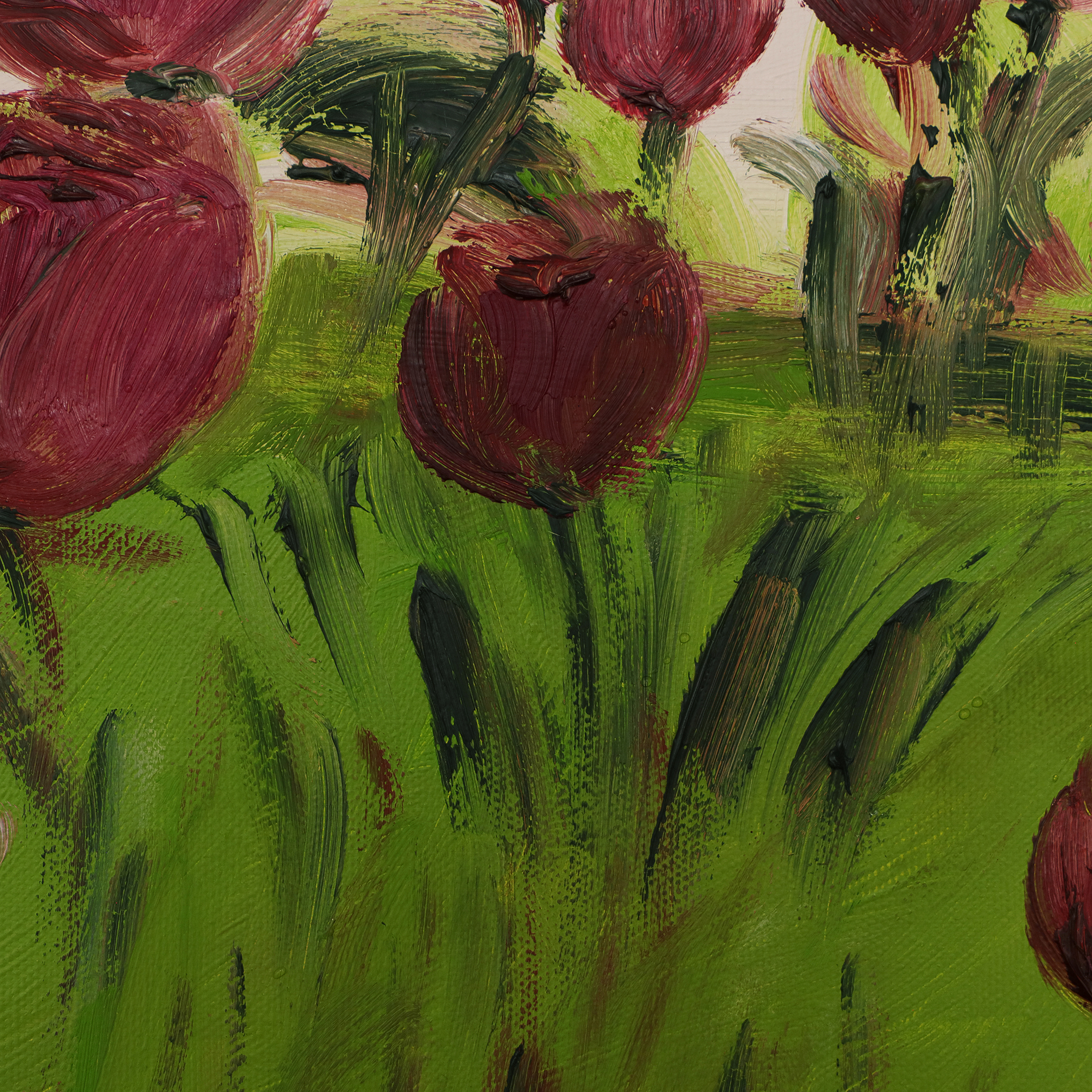 Detail Gemaelde Bild Oel Tulpen Feld Holland rot weiss hell gruen Acker Wiese Unikat