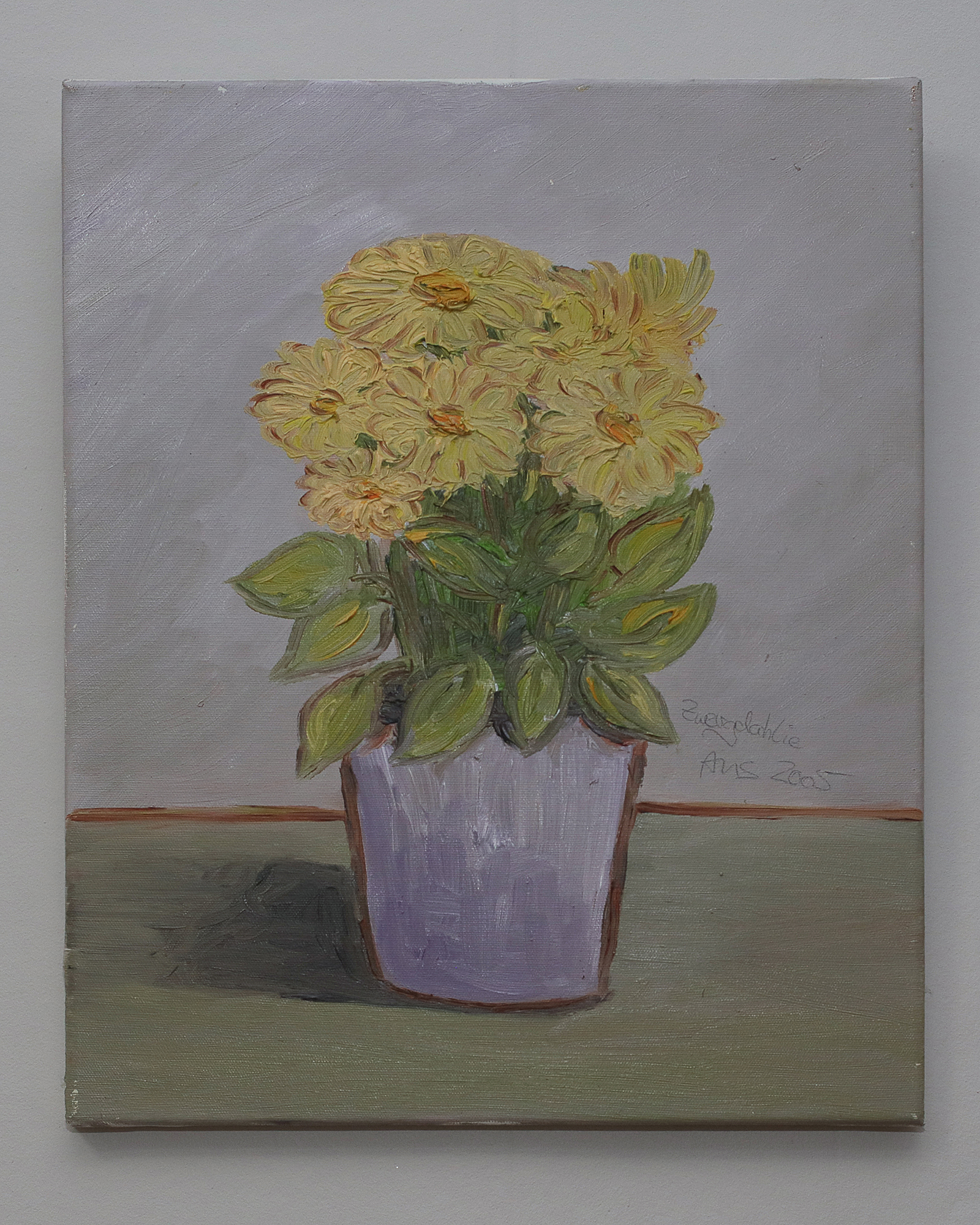 Detail Gemaelde Bild Boquet Blume Blumentopf Dahlie gelb grau lila klein XS Margerite