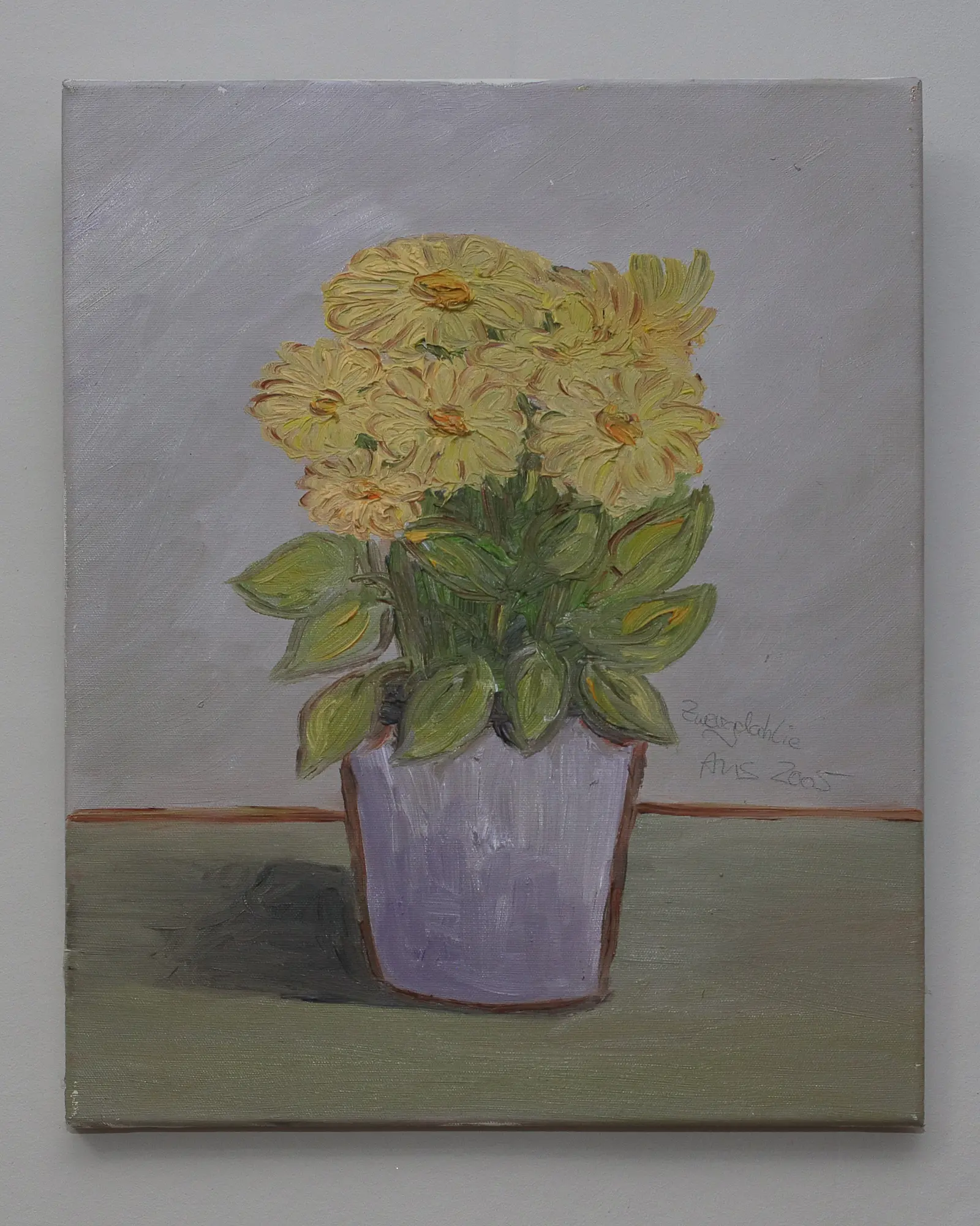 Nahaufnahme Gemaelde Bild Boquet Blume Blumentopf Dahlie gelb grau lila klein XS Margerite