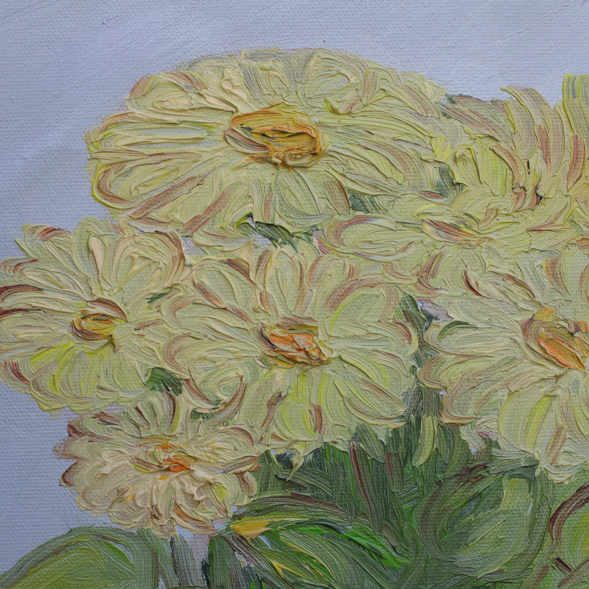 Nahaufnahme Gemaelde Bild Boquet Blume Blumentopf Dahlie gelb grau lila klein XS Margerite