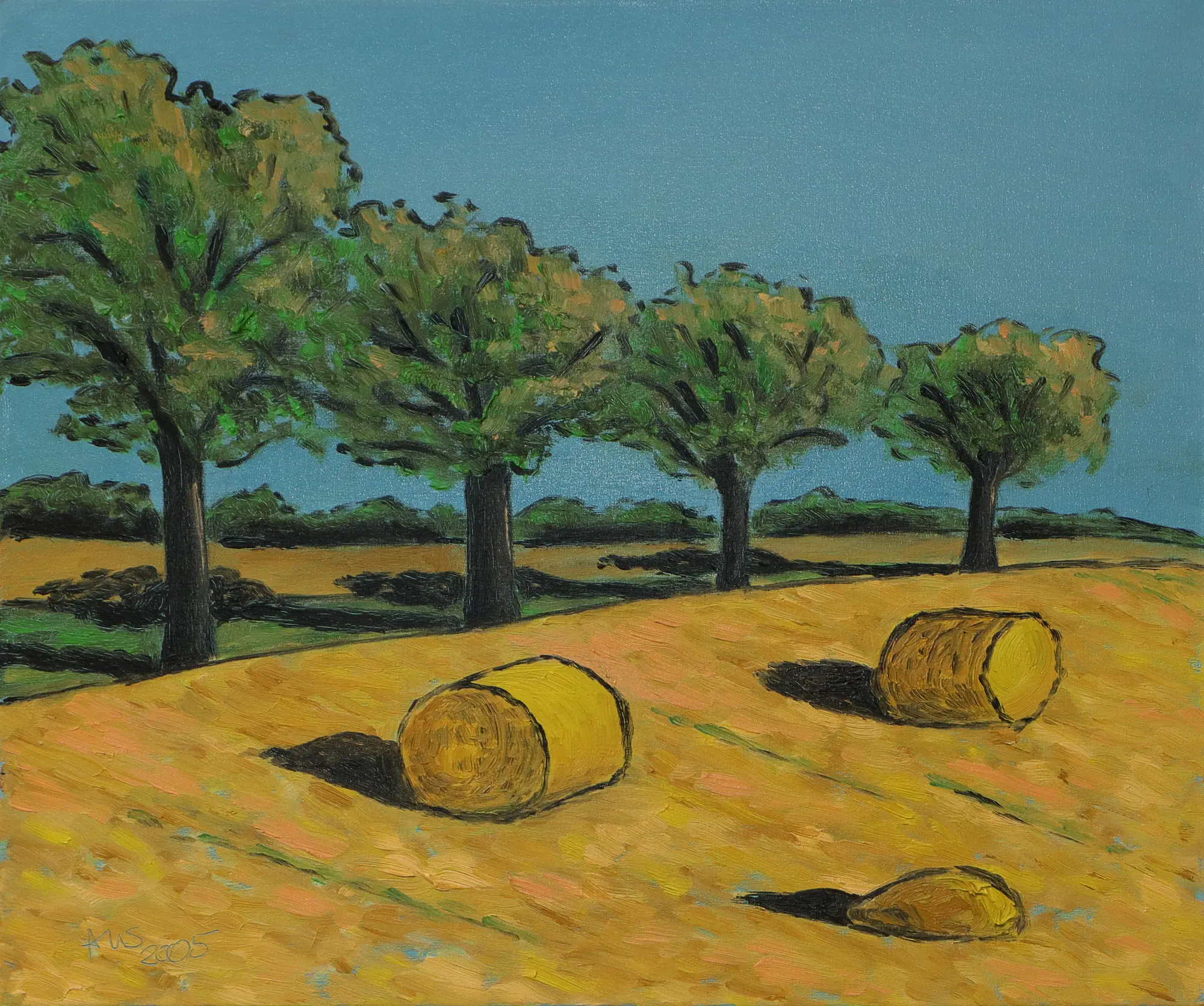 Gemälde Feld Acker Stroh Ballen Baeume Strasse Weg hell blau gelb gruen pastell