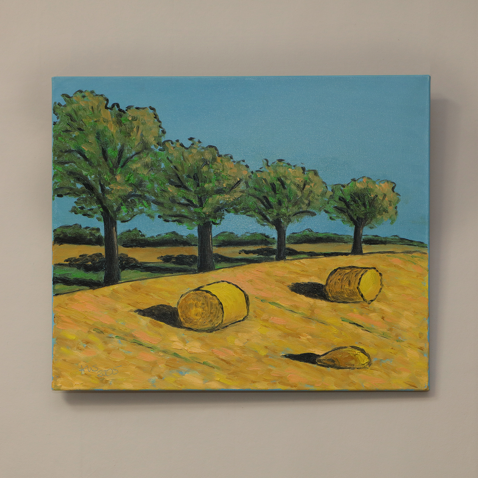 Detail Gemälde Feld Acker Stroh Ballen Baeume Strasse Weg hell blau gelb gruen pastell