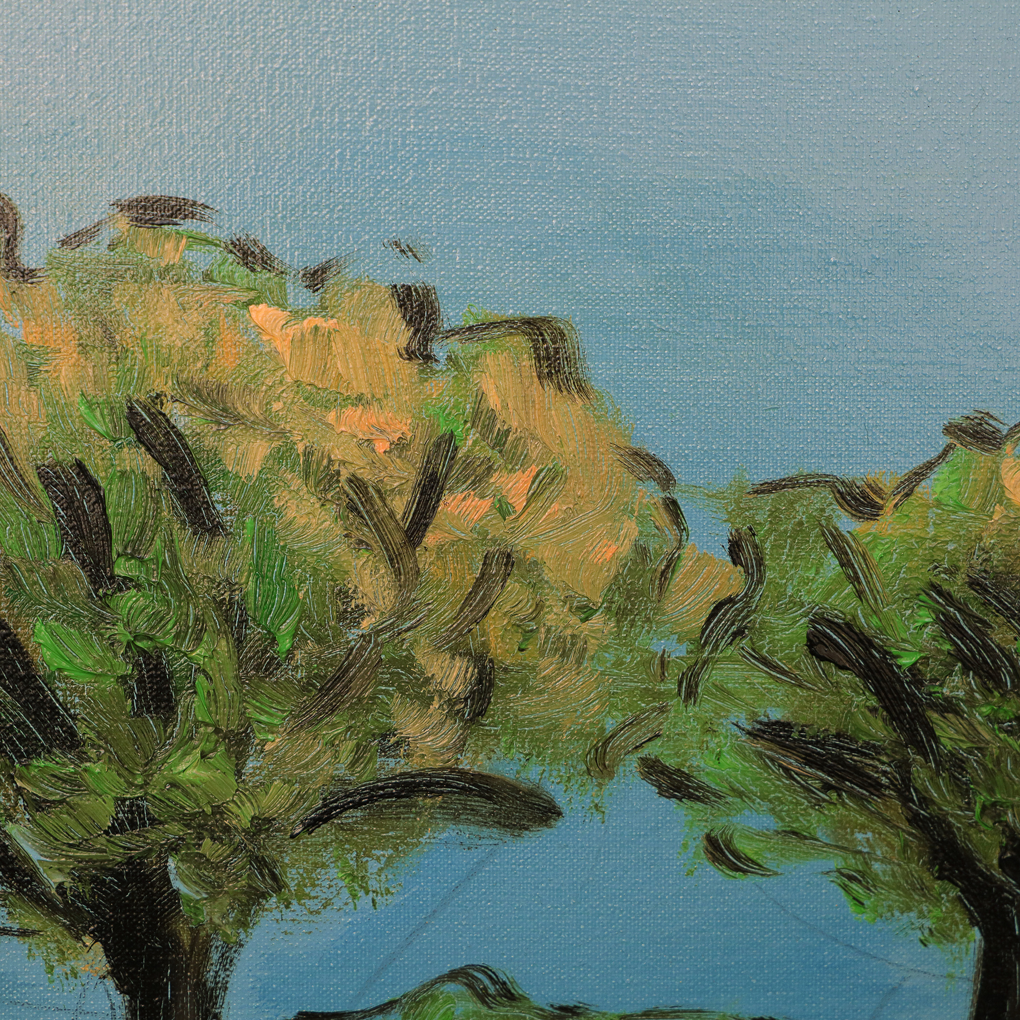 Detail Gemälde Feld Acker Stroh Ballen Baeume Strasse Weg hell blau gelb gruen pastell