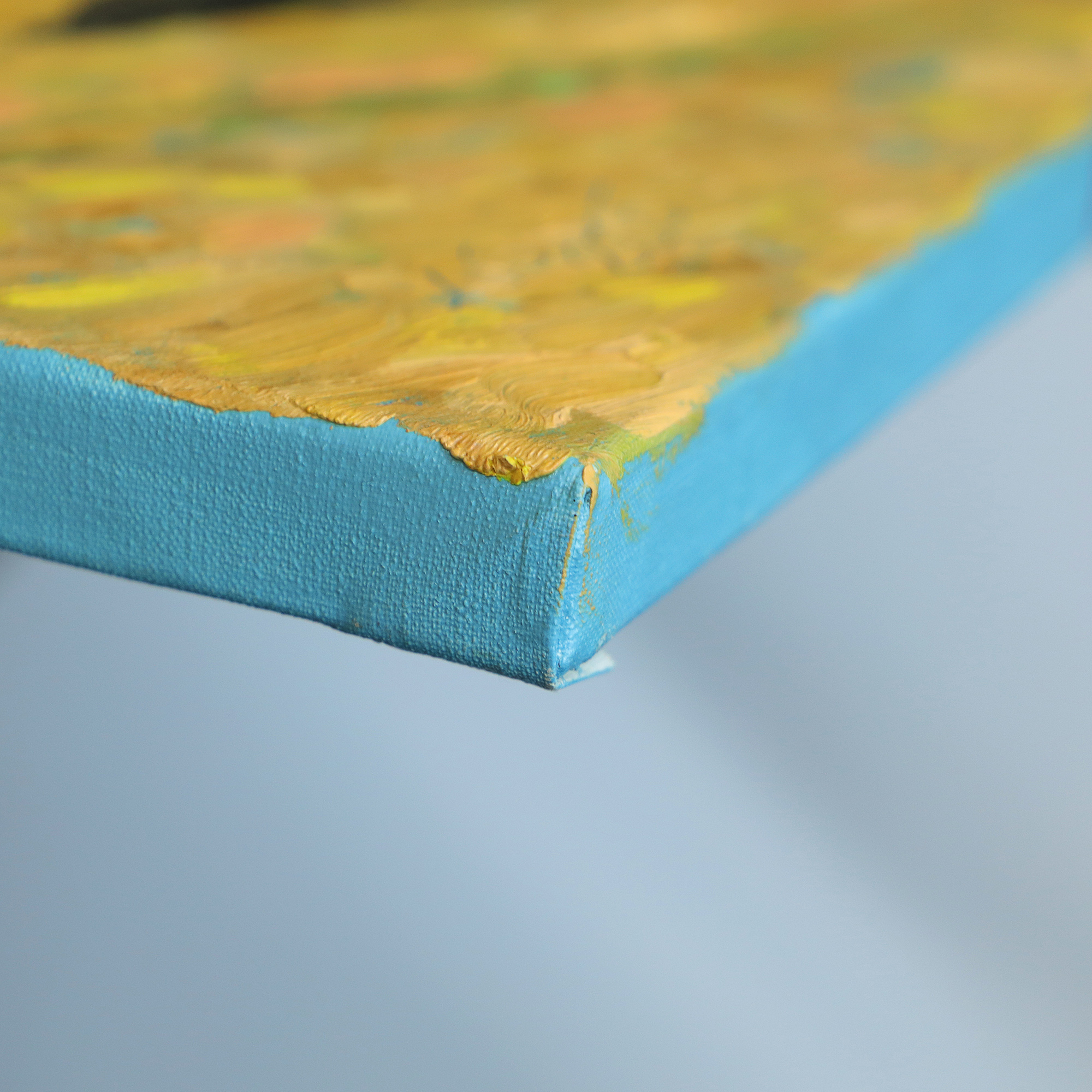 Detail Gemälde Feld Acker Stroh Ballen Baeume Strasse Weg hell blau gelb gruen pastell