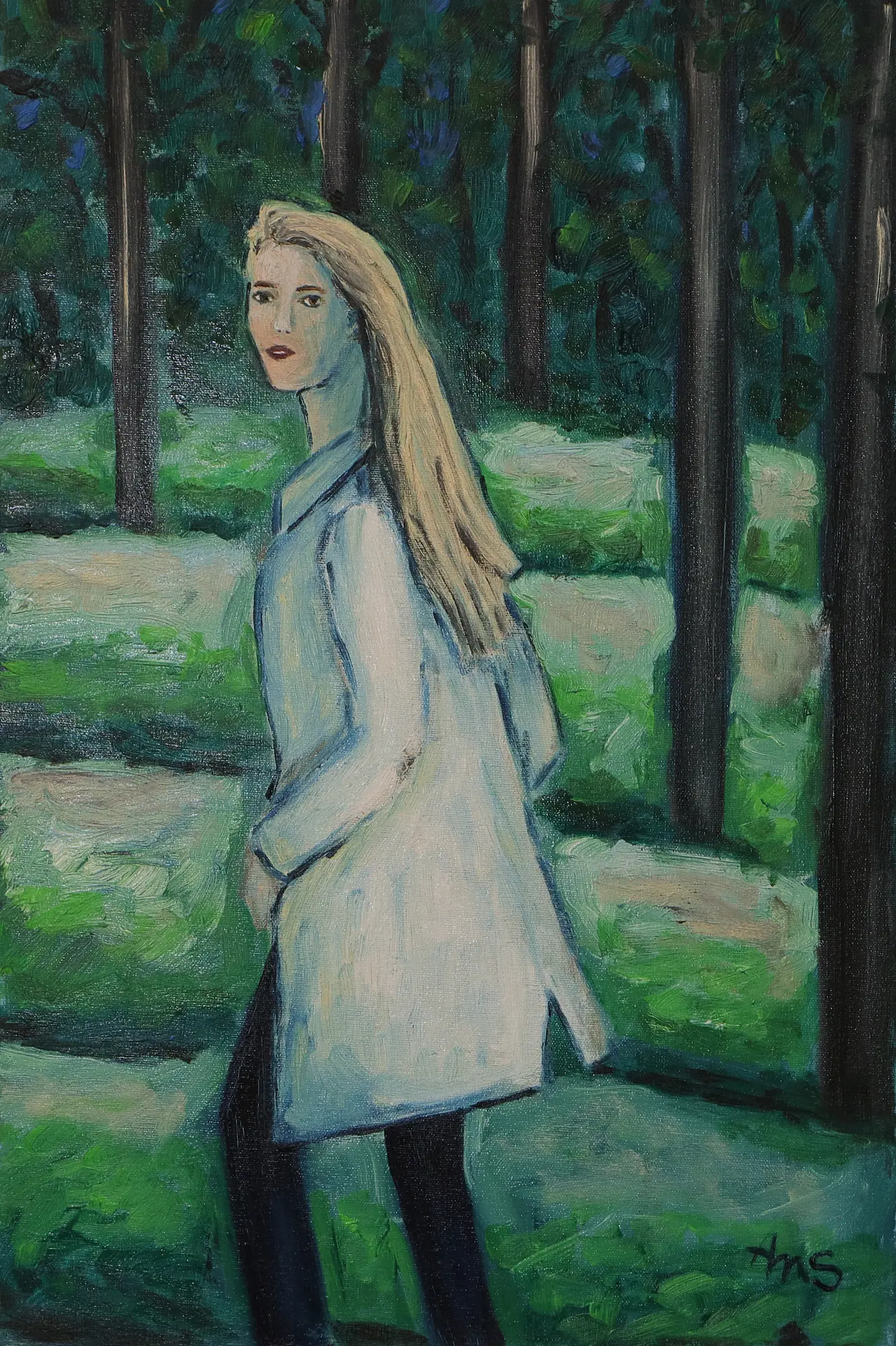 Gemälde Frau Person Mensch Wald weiss gruen Hochformat Baum Baeume Unterholz