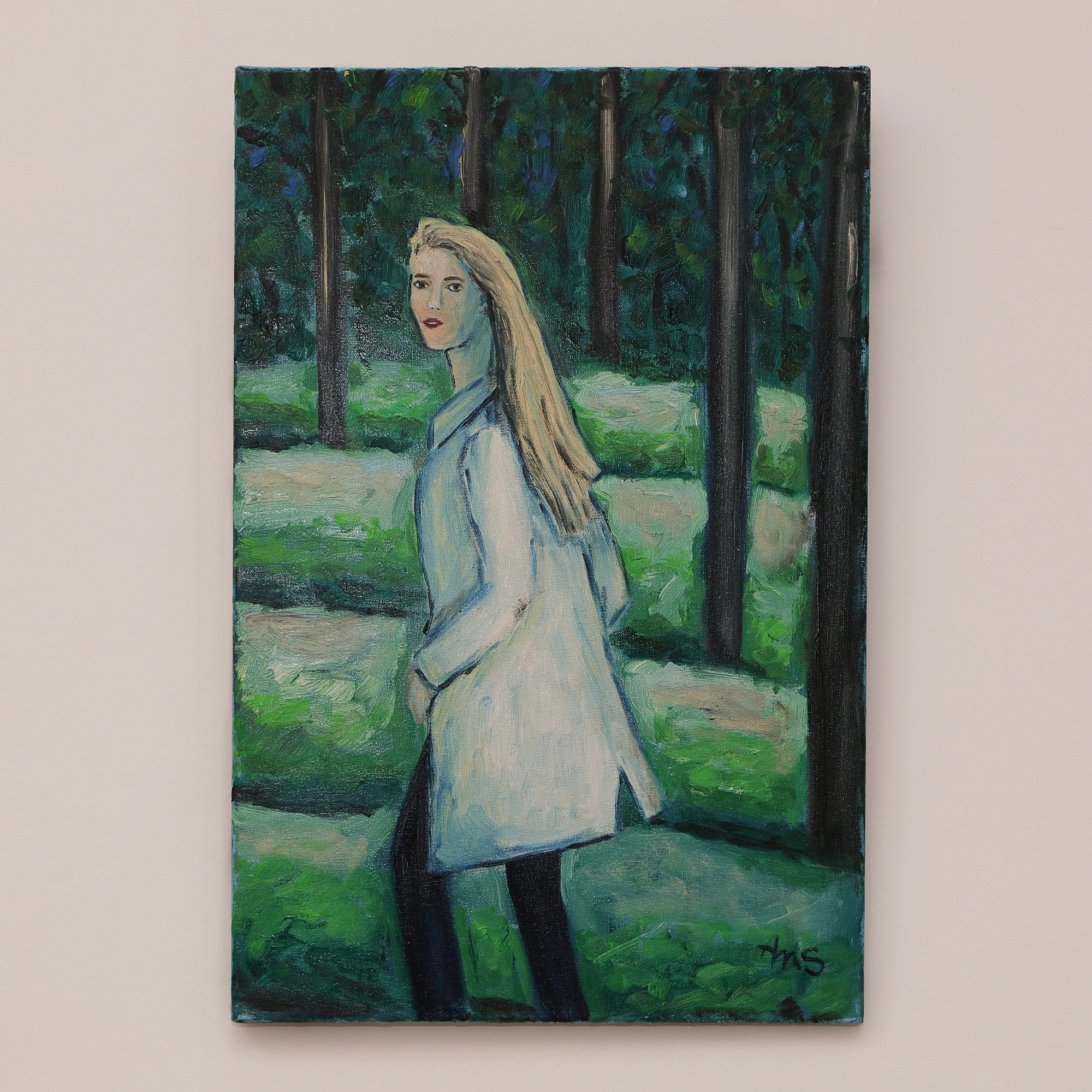 Detail Gemälde Frau Person Mensch Wald weiss gruen Hochformat Baum Baeume Unterholz