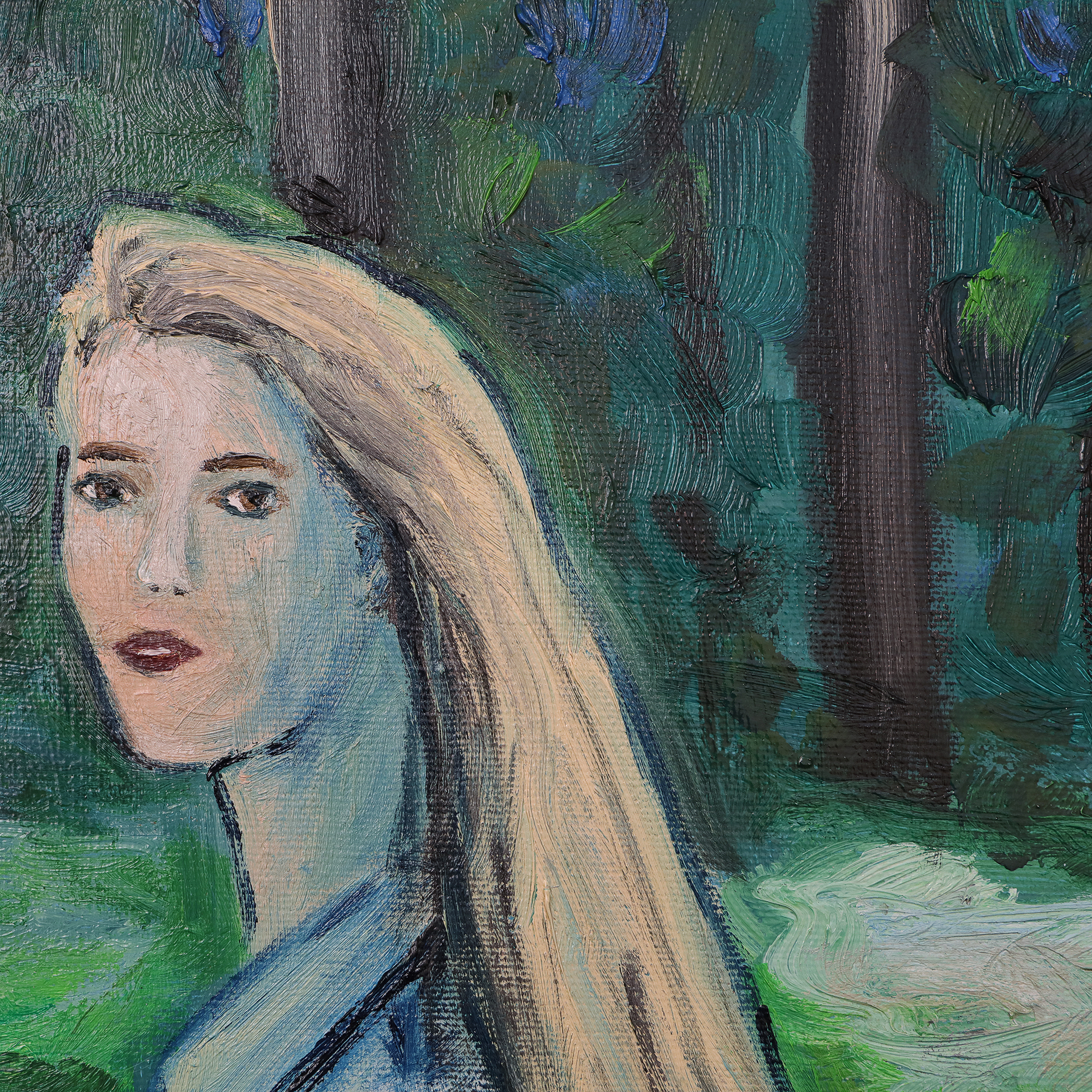 Detail Gemälde Frau Person Mensch Wald weiss gruen Hochformat Baum Baeume Unterholz