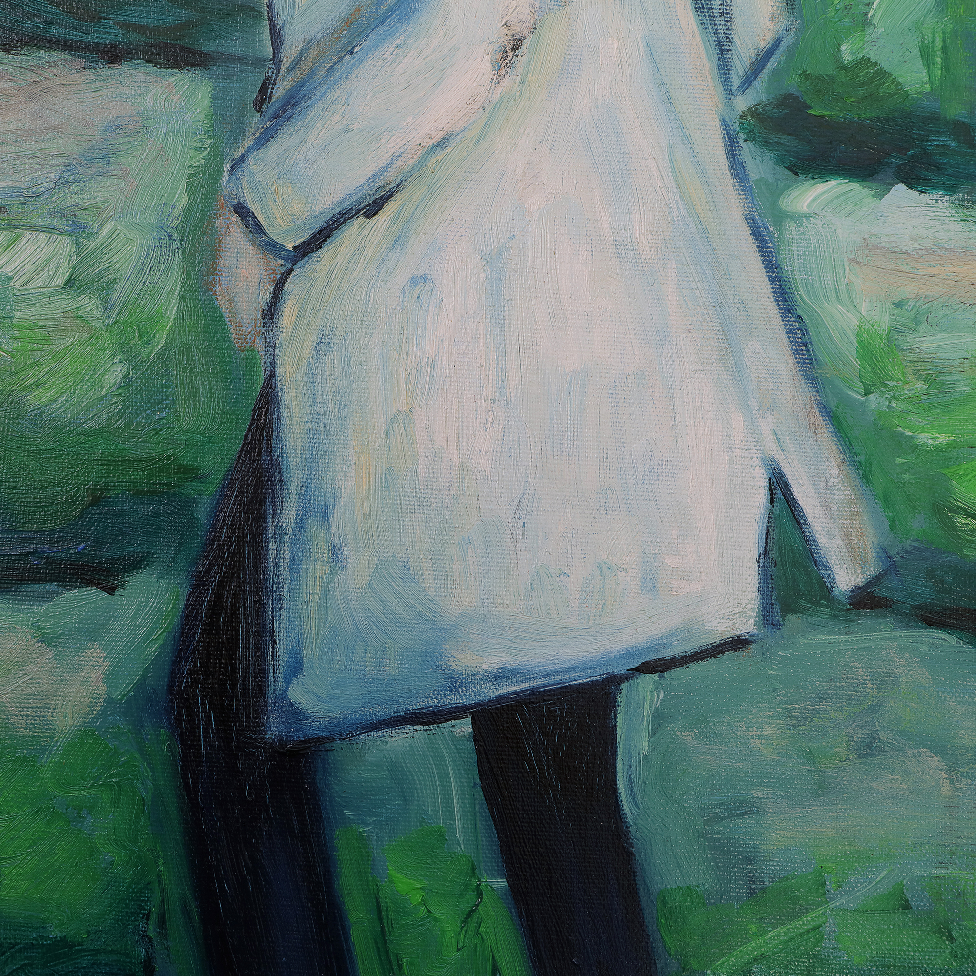 Detail Gemälde Frau Person Mensch Wald weiss gruen Hochformat Baum Baeume Unterholz