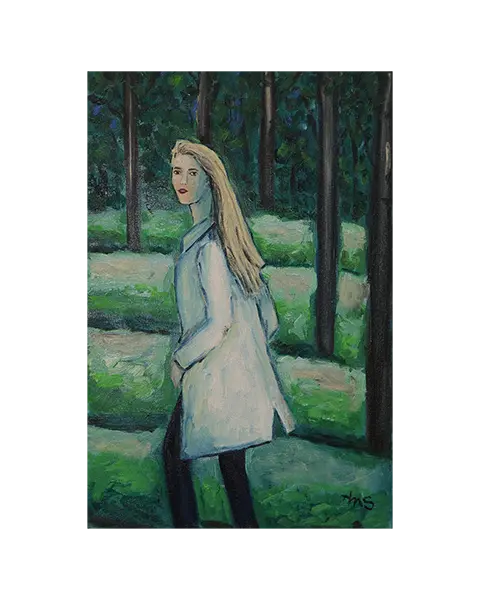 Gemälde Frau Person Mensch Wald weiss gruen Hochformat Baum Baeume Unterholz