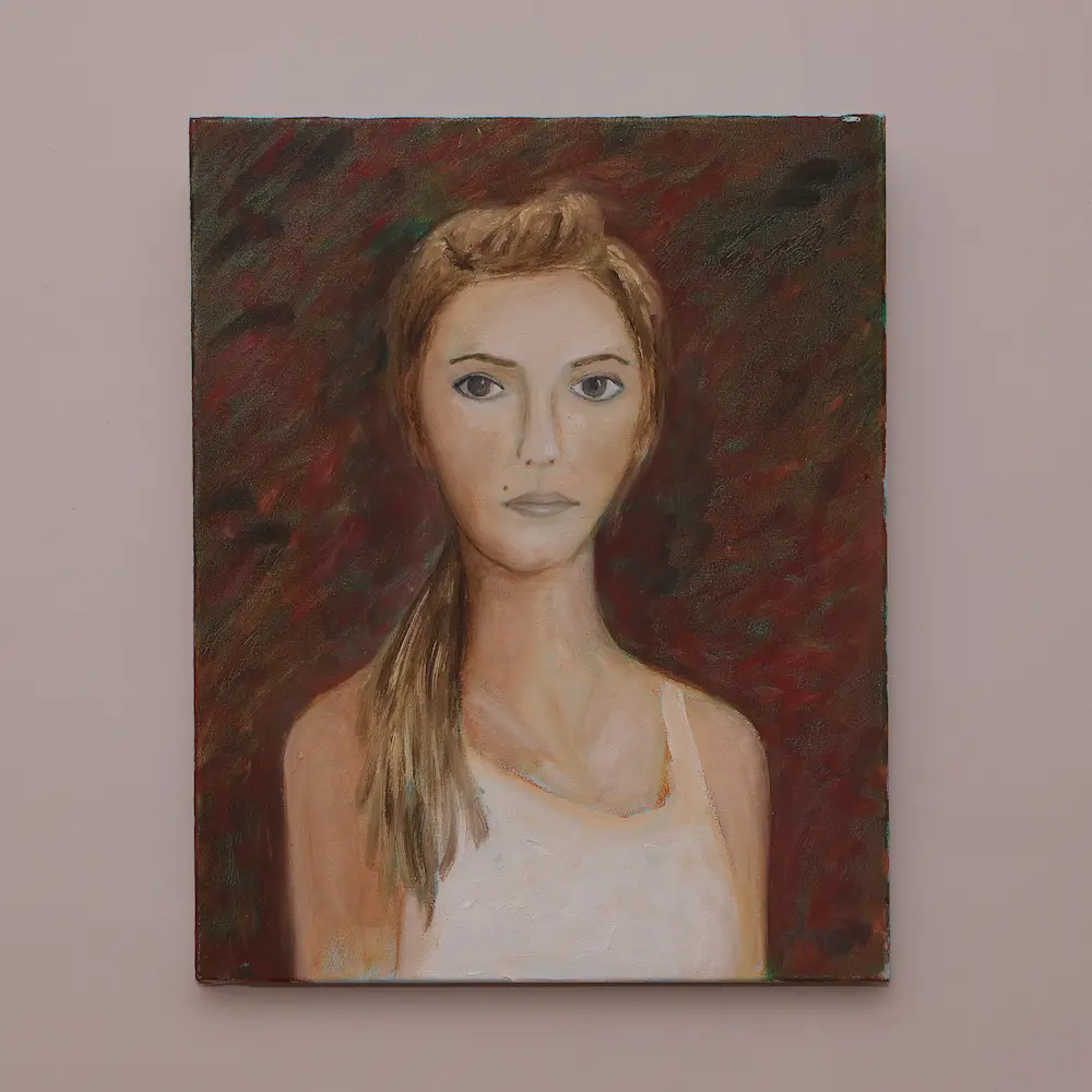 Nahaufnahme Gemälde Porträt Frau Dame Öl Kunst dunkel rot weiß blond torso klein echt