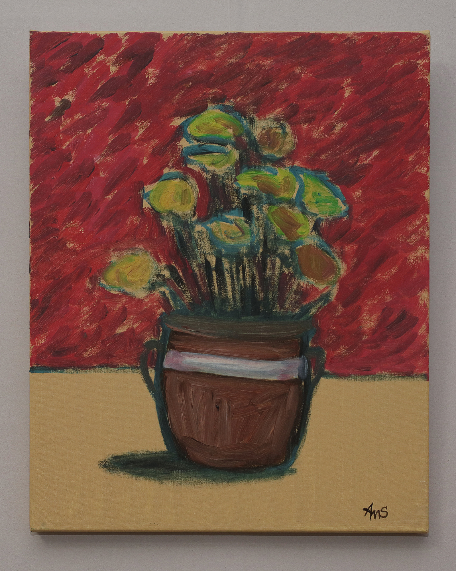 Detail Gemälde Blume Blumentopf Studentenblumen gelb rot beige Skizze tuerkis