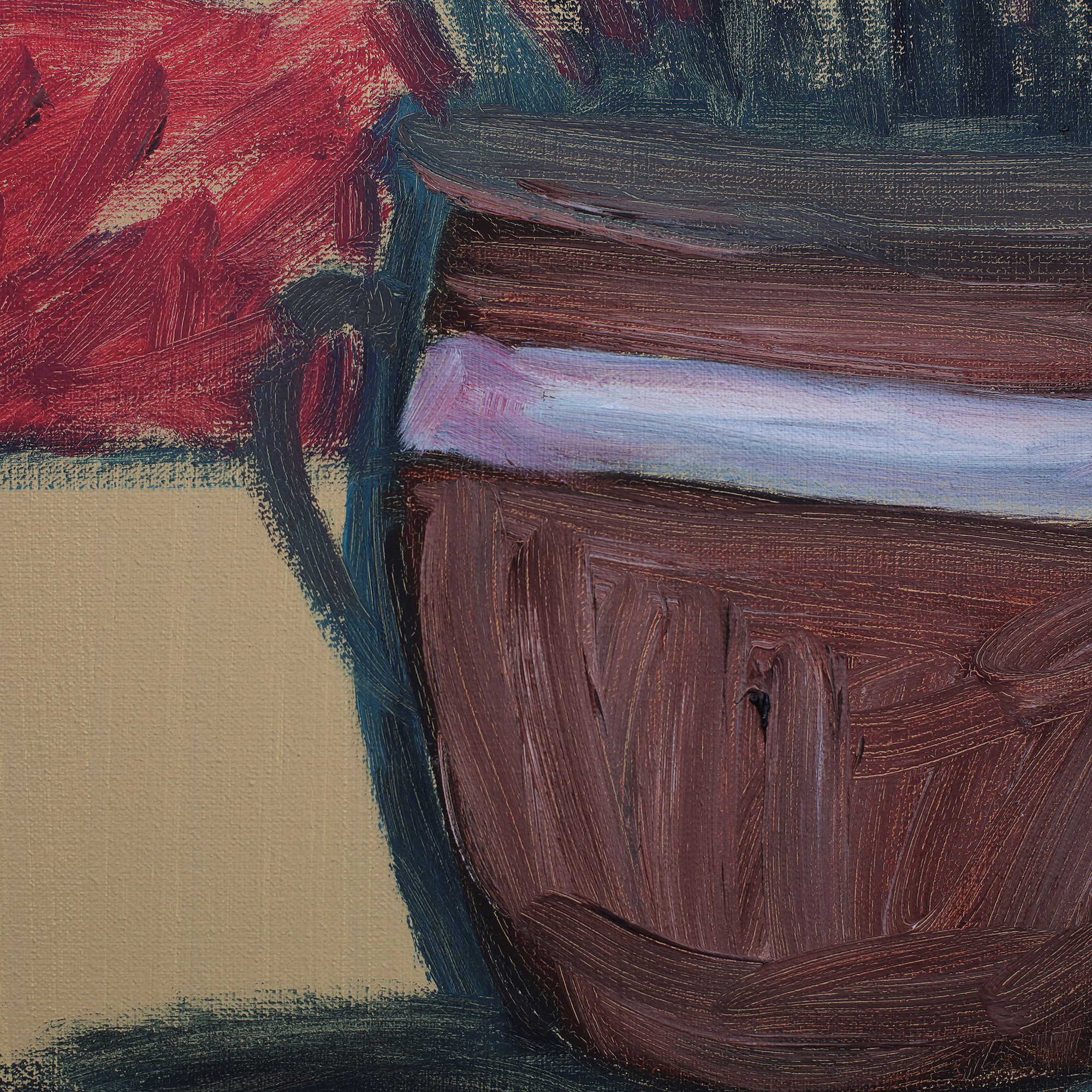 Detail Gemälde Blume Blumentopf Studentenblumen gelb rot beige Skizze tuerkis