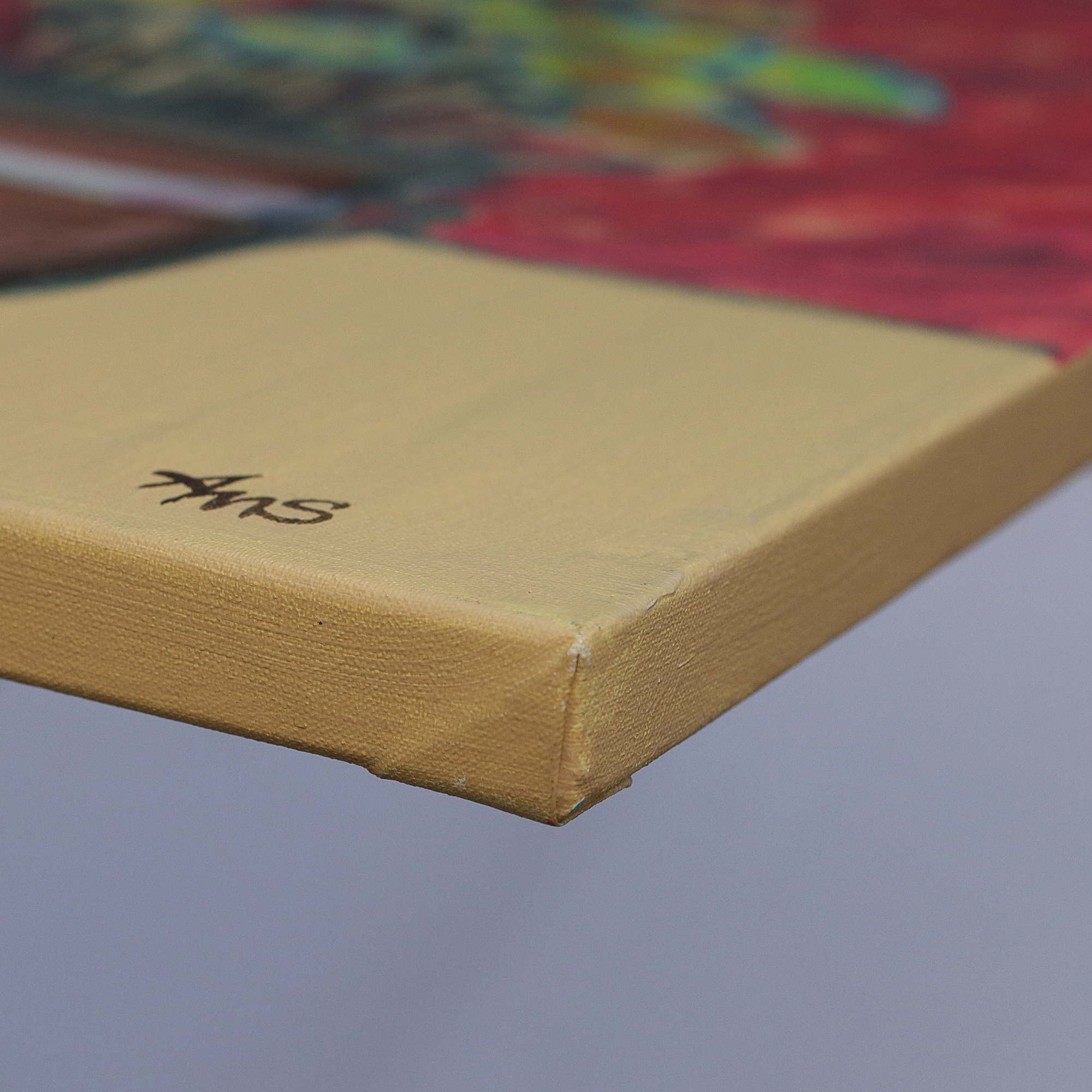 Detail Gemälde Blume Blumentopf Studentenblumen gelb rot beige Skizze tuerkis