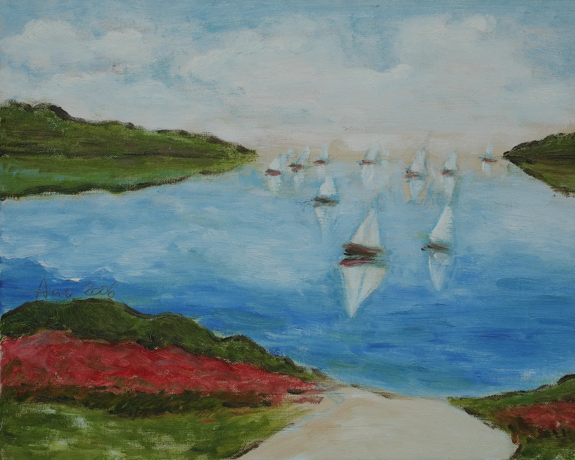 Gemälde Frankreich Strand Meer Segel Boote Segeln rot beige Wasser