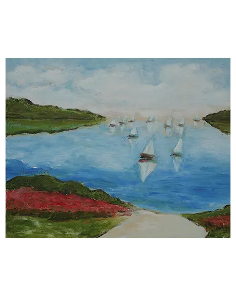 Gemälde Frankreich Strand Meer Segel Boote Segeln rot beige Wasser