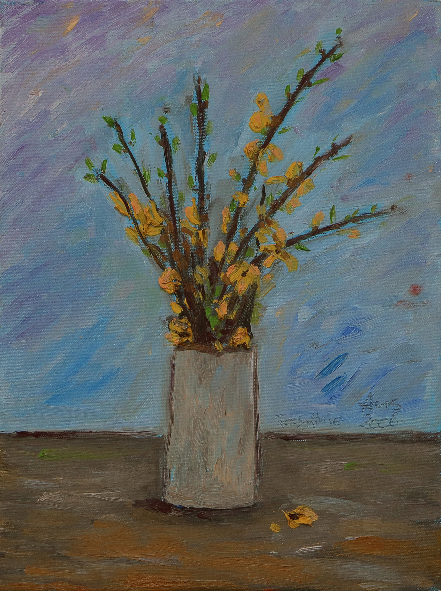 Gemälde Stillleben Blumen Strauss blau gelb Forsythie Vase Fruehling Ostern