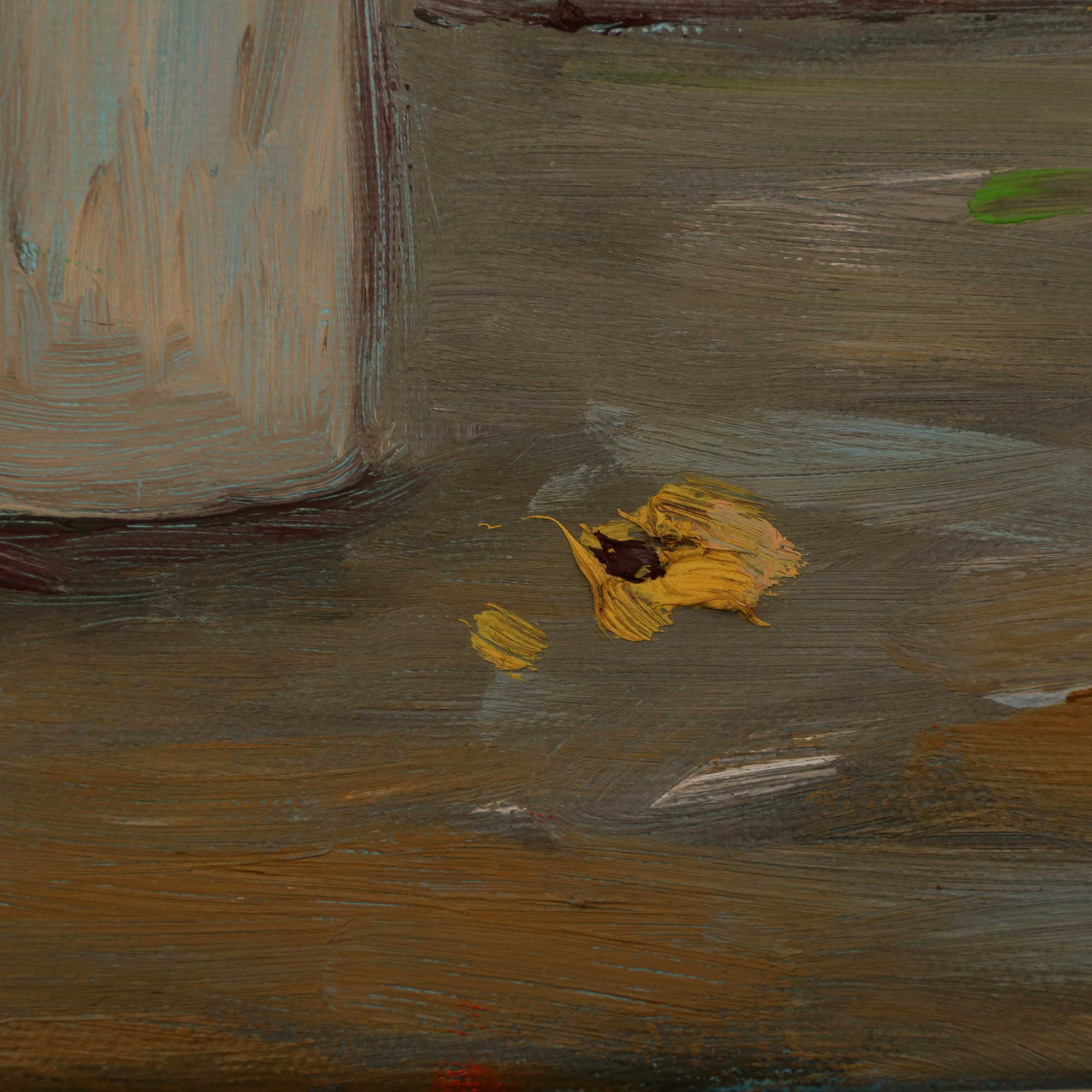 Detail Gemälde Stillleben Blumen Strauss blau gelb Forsythie Vase Fruehling Ostern