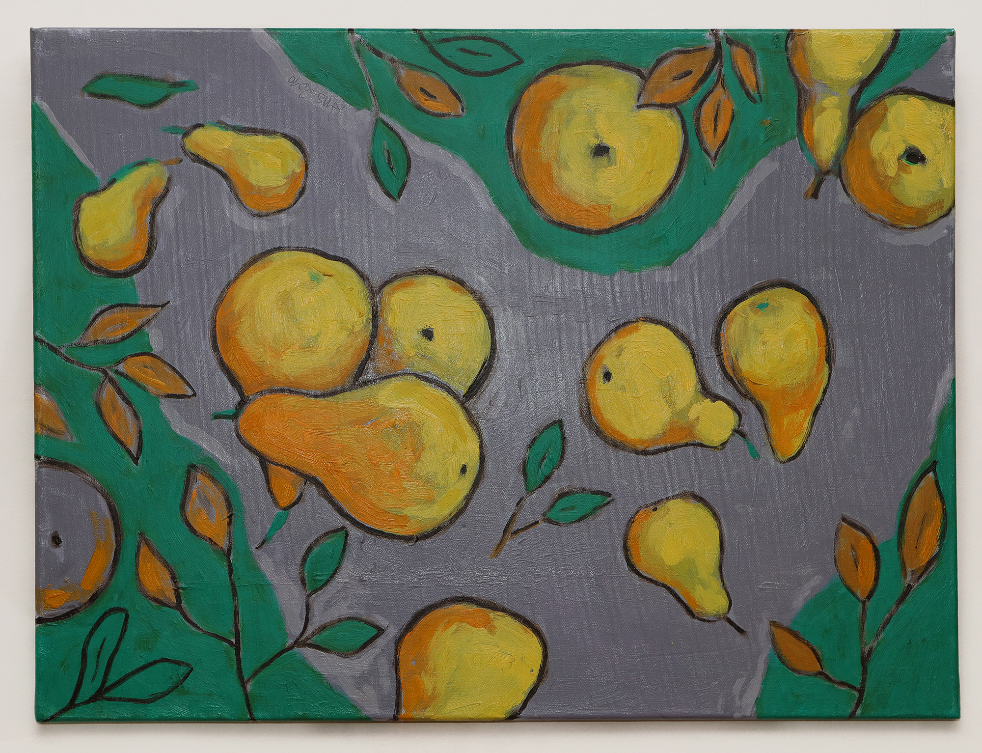 Detail Gemälde Stillleben Birnen Fruechte Birne Blaetter grau gelb Kueche Esszimmer