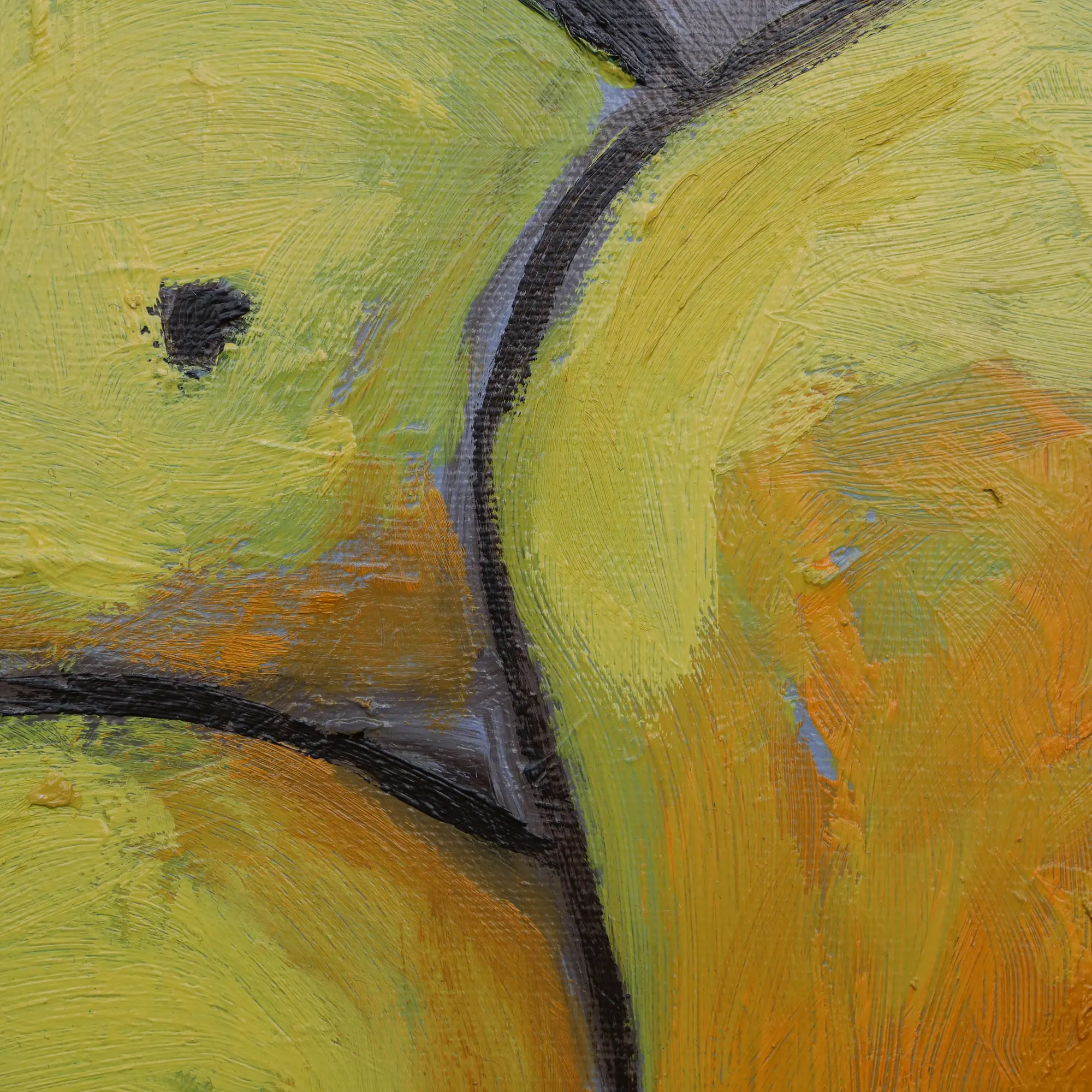 Nahaufnahme Gemälde Stillleben Birnen Fruechte Birne Blaetter grau gelb Kueche Esszimmer