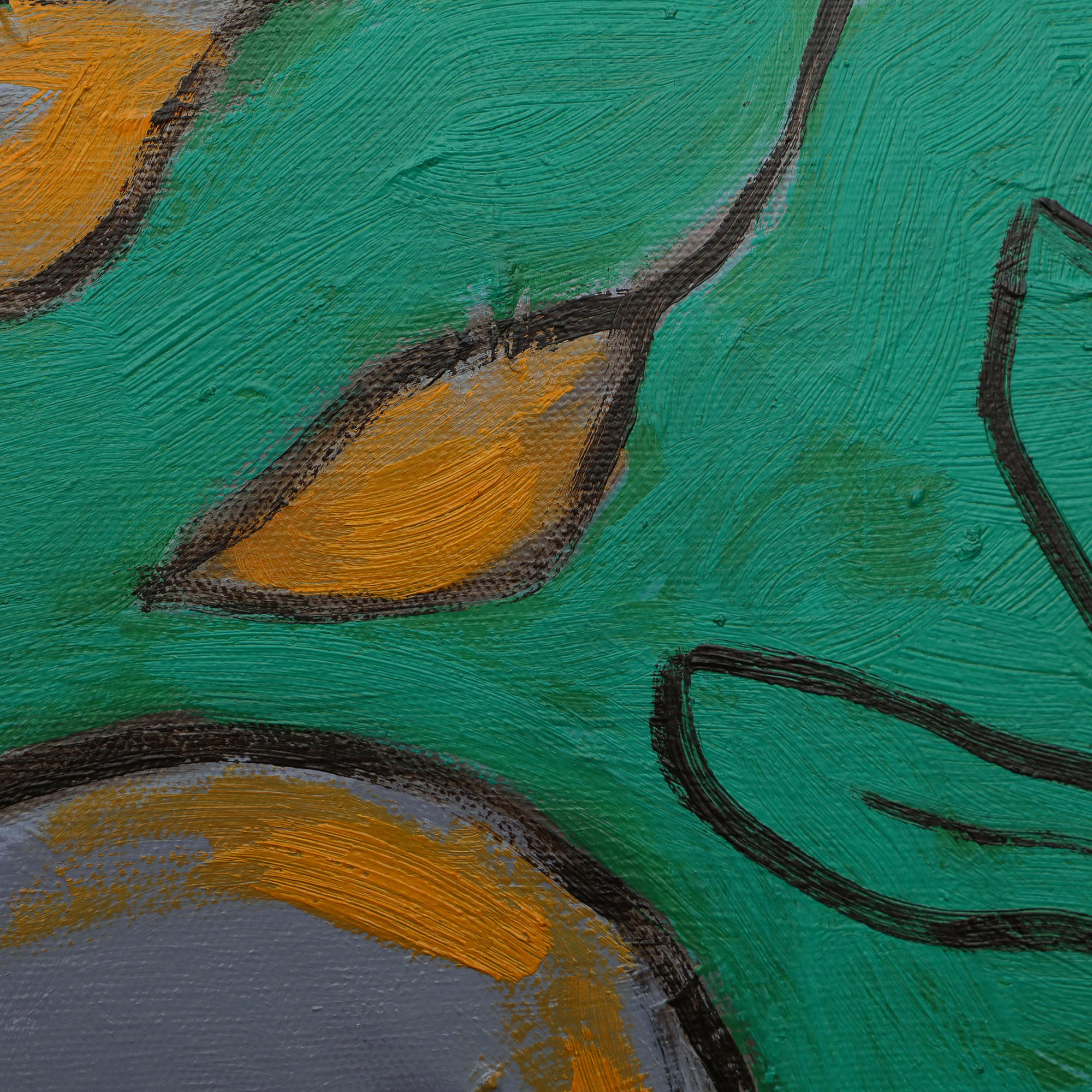 Detail Gemälde Stillleben Birnen Fruechte Birne Blaetter grau gelb Kueche Esszimmer