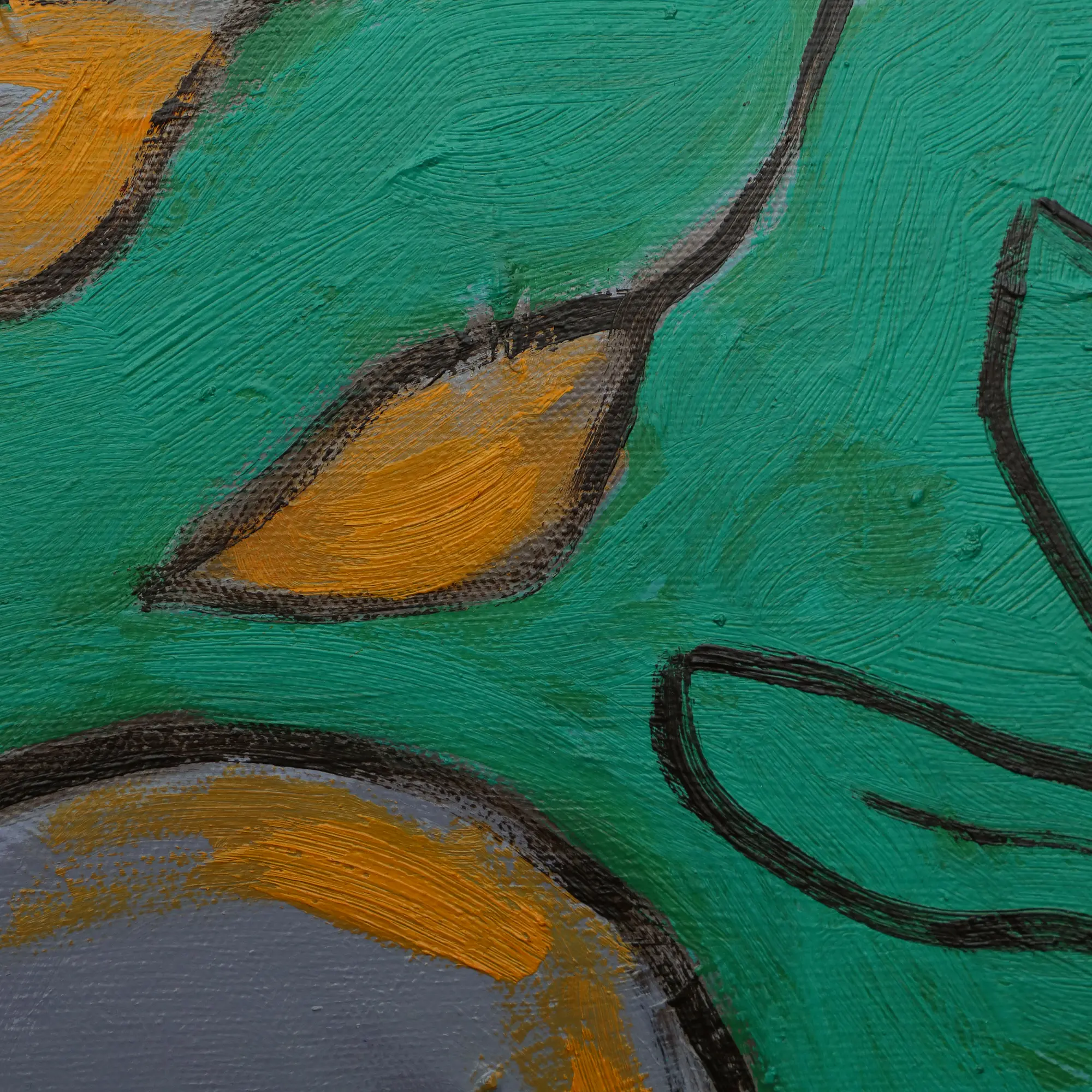 Nahaufnahme Gemälde Stillleben Birnen Fruechte Birne Blaetter grau gelb Kueche Esszimmer