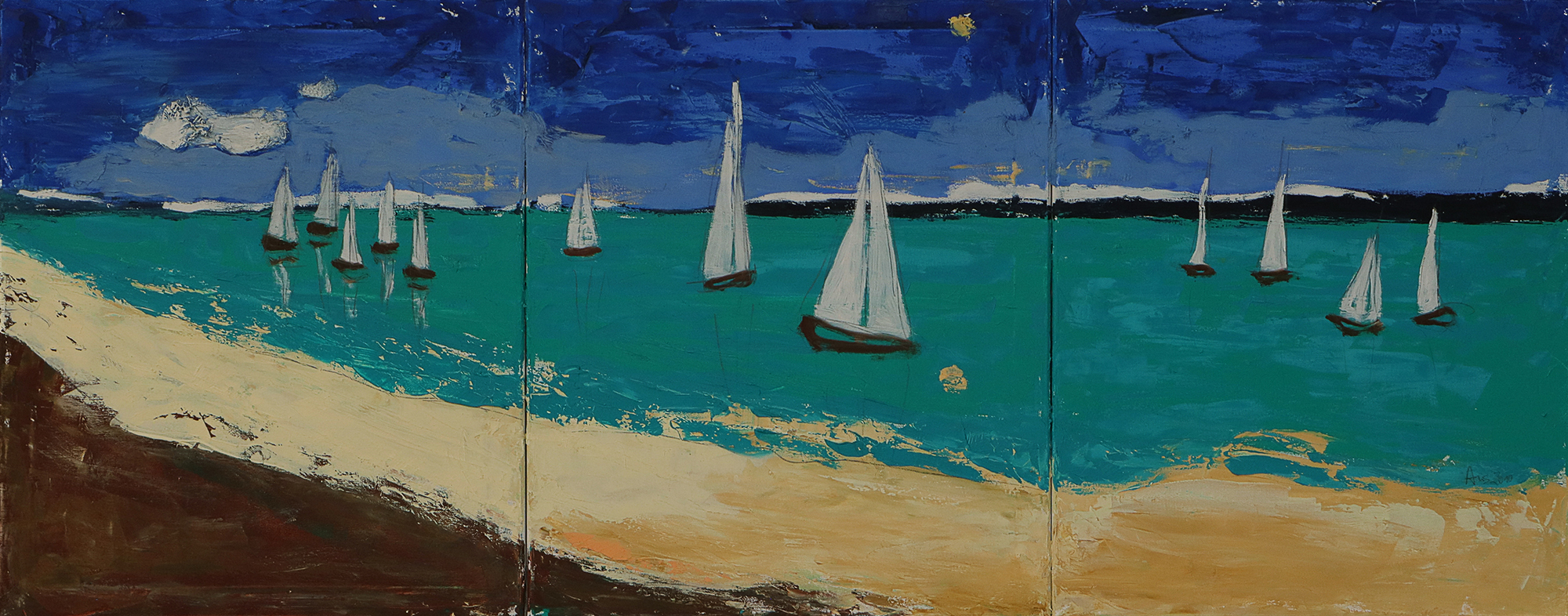 Gemälde XXL XL lang schmal Jamaika Meer Segel Boote blau gruen Strand Urlaub Art