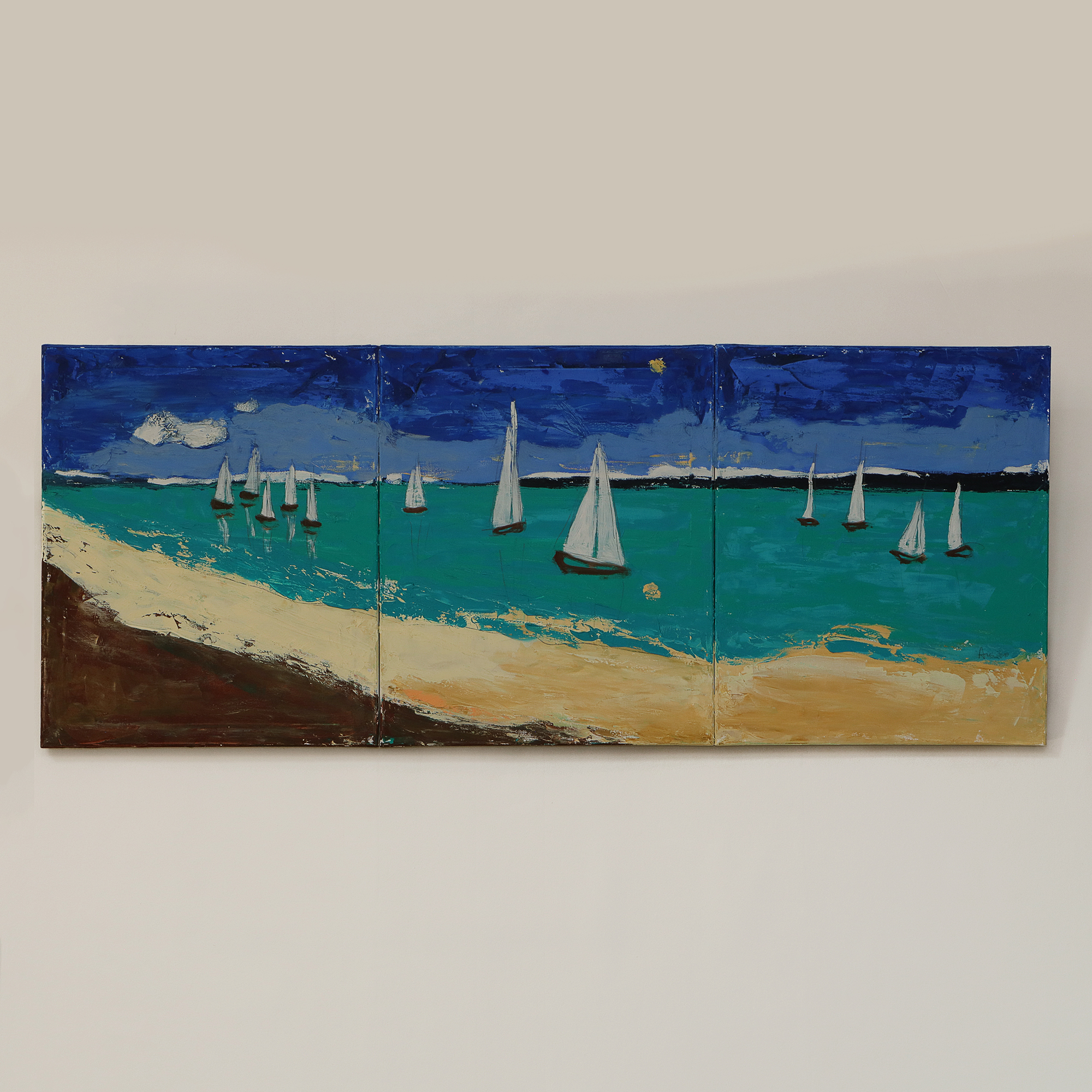 Detail Gemälde XXL XL lang schmal Jamaika Meer Segel Boote blau gruen Strand Urlaub Art