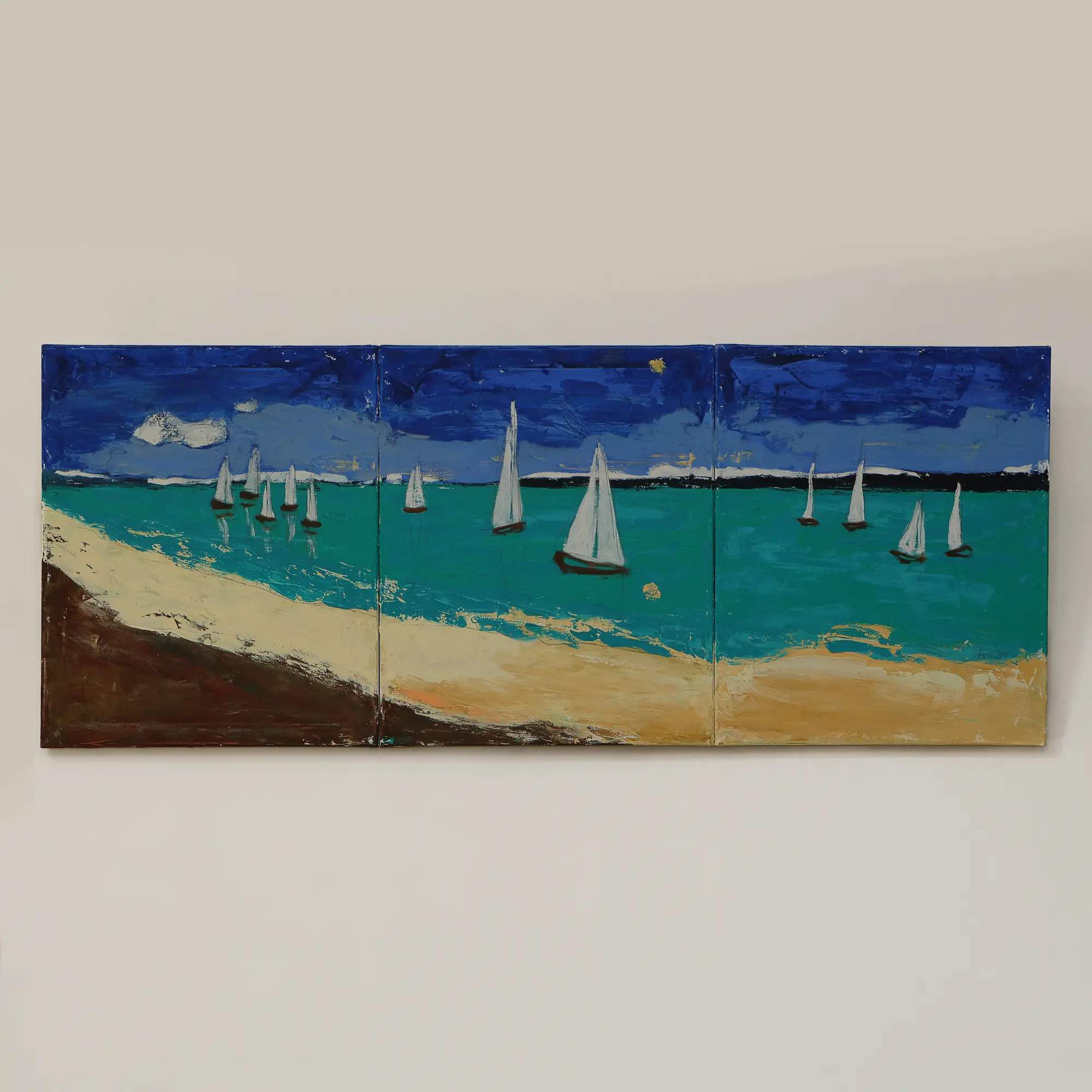 Nahaufnahme Gemälde XXL XL lang schmal Jamaika Meer Segel Boote blau gruen Strand Urlaub Art