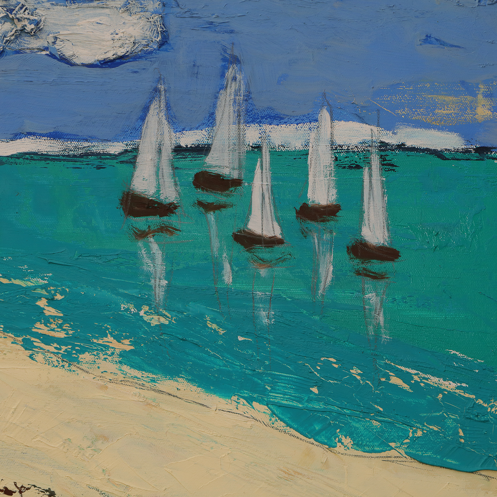 Detail Gemälde XXL XL lang schmal Jamaika Meer Segel Boote blau gruen Strand Urlaub Art