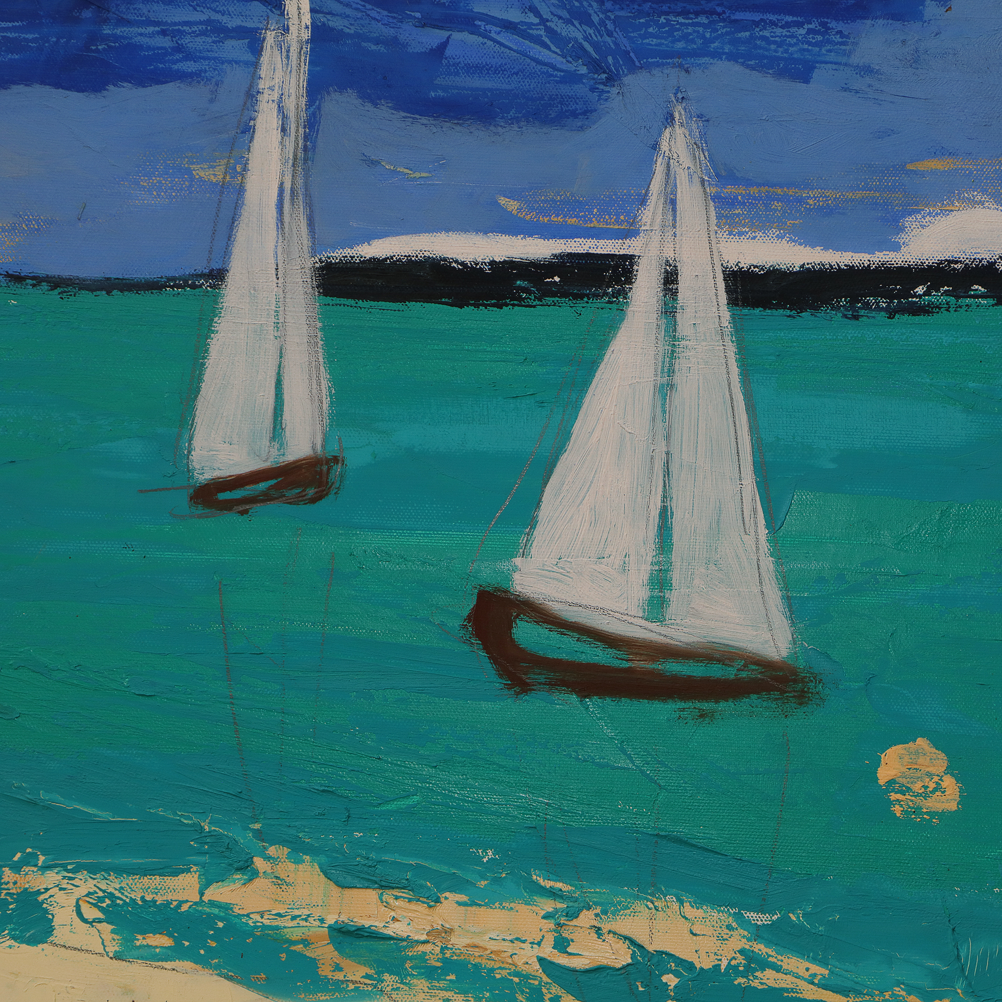 Detail Gemälde XXL XL lang schmal Jamaika Meer Segel Boote blau gruen Strand Urlaub Art