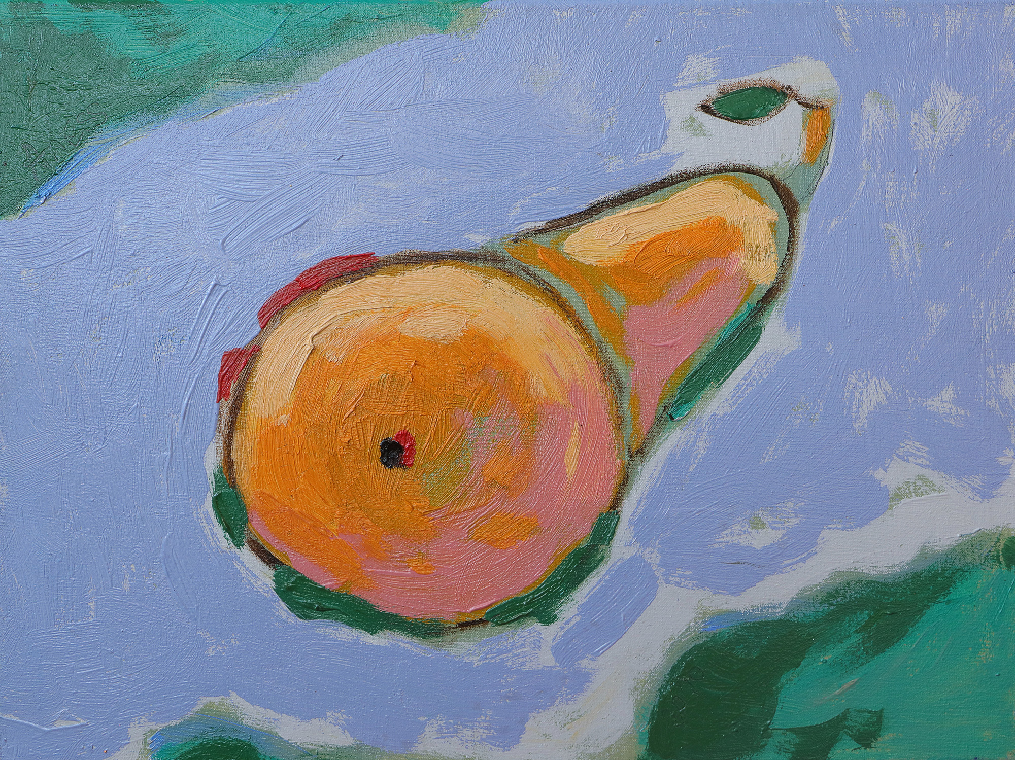 Gemälde Kueche Esszimmer pastell lila violett orange Birne Frucht Oel XS klein