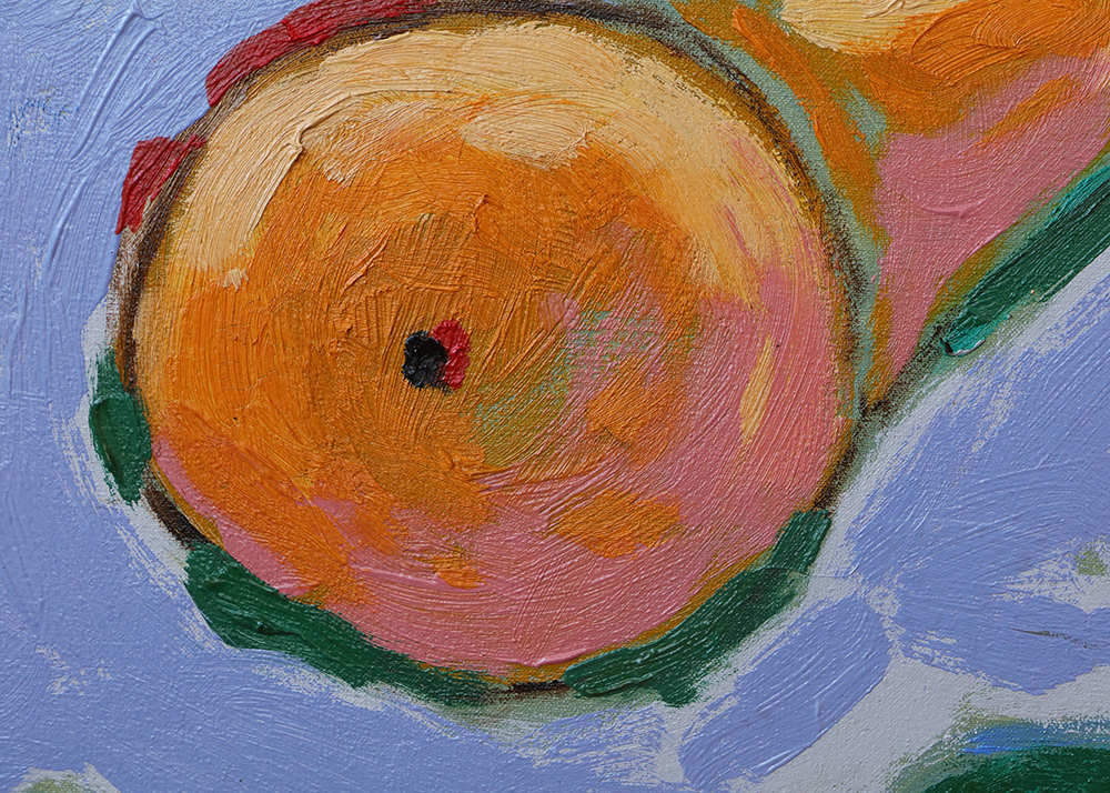 Detail Gemälde Kueche Esszimmer pastell lila violett orange Birne Frucht Oel XS klein