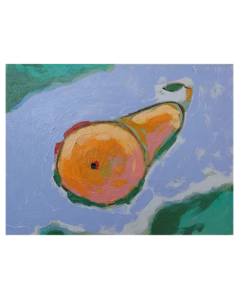 Gemälde Kueche Esszimmer pastell lila violett orange Birne Frucht Oel XS klein