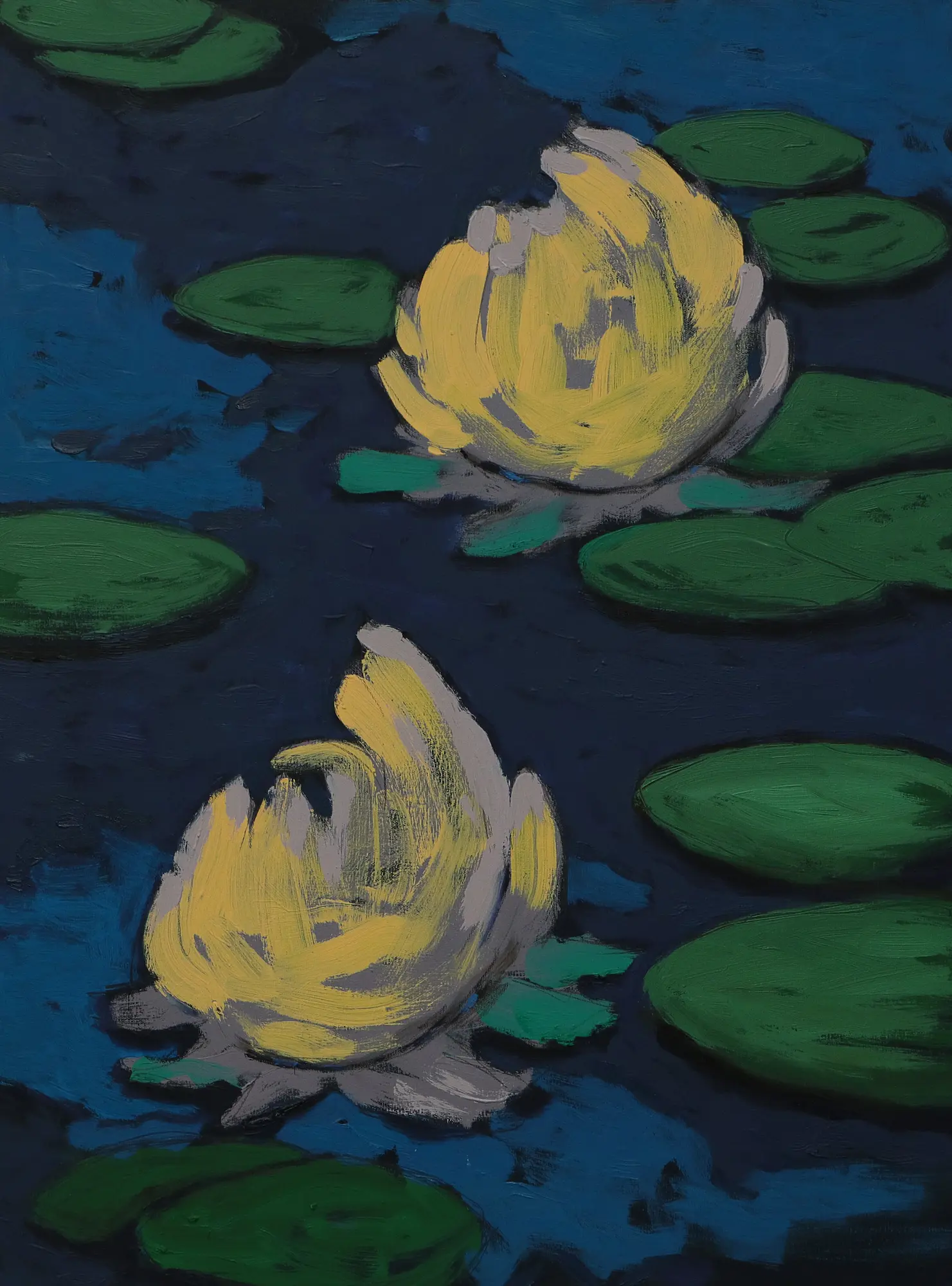 XL Gemälde gross Loft Hochformat dunkel blau hell pastell gelb Teich Seerosen Monet