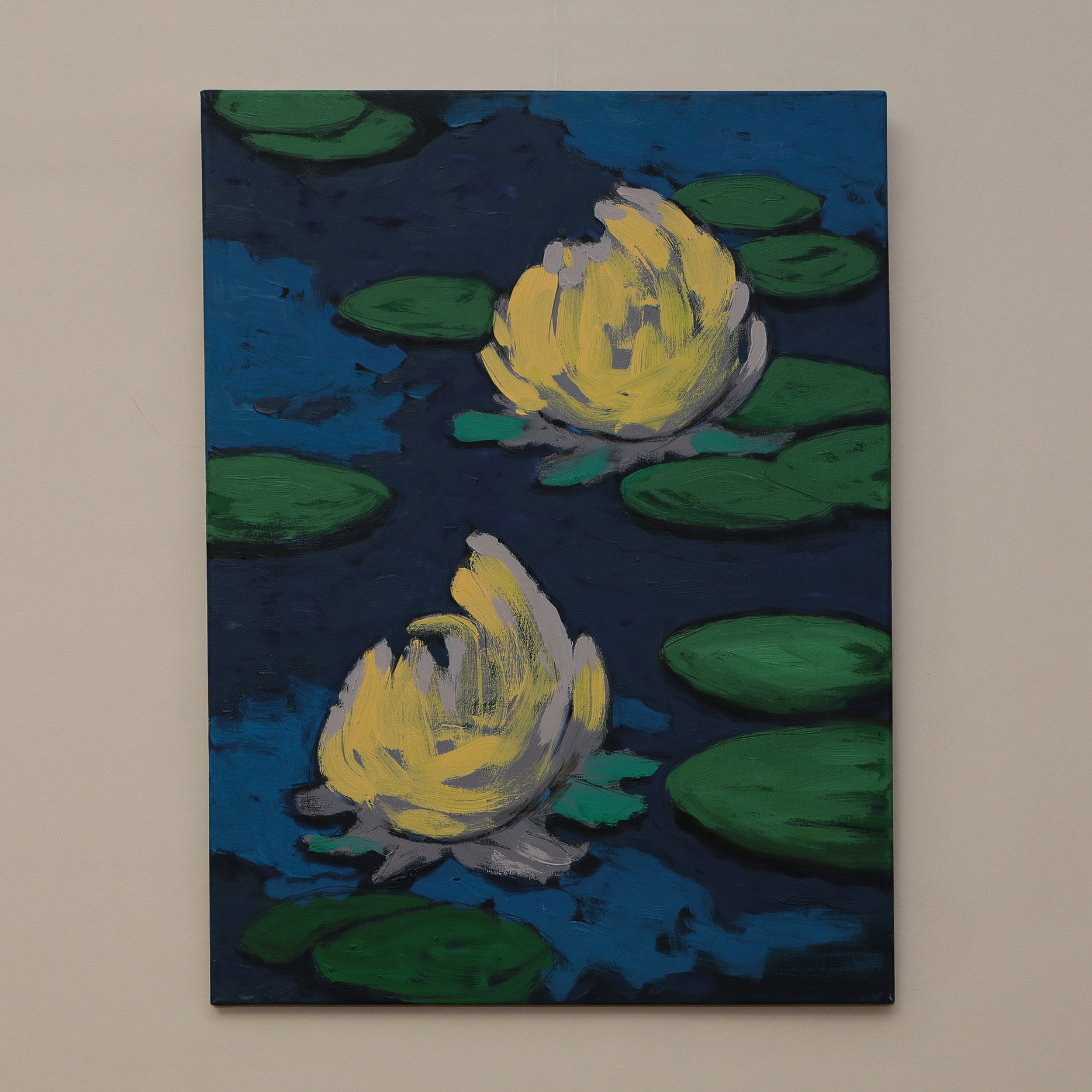 Detail XL Gemälde gross Loft Hochformat dunkel blau hell pastell gelb Teich Seerosen Monet