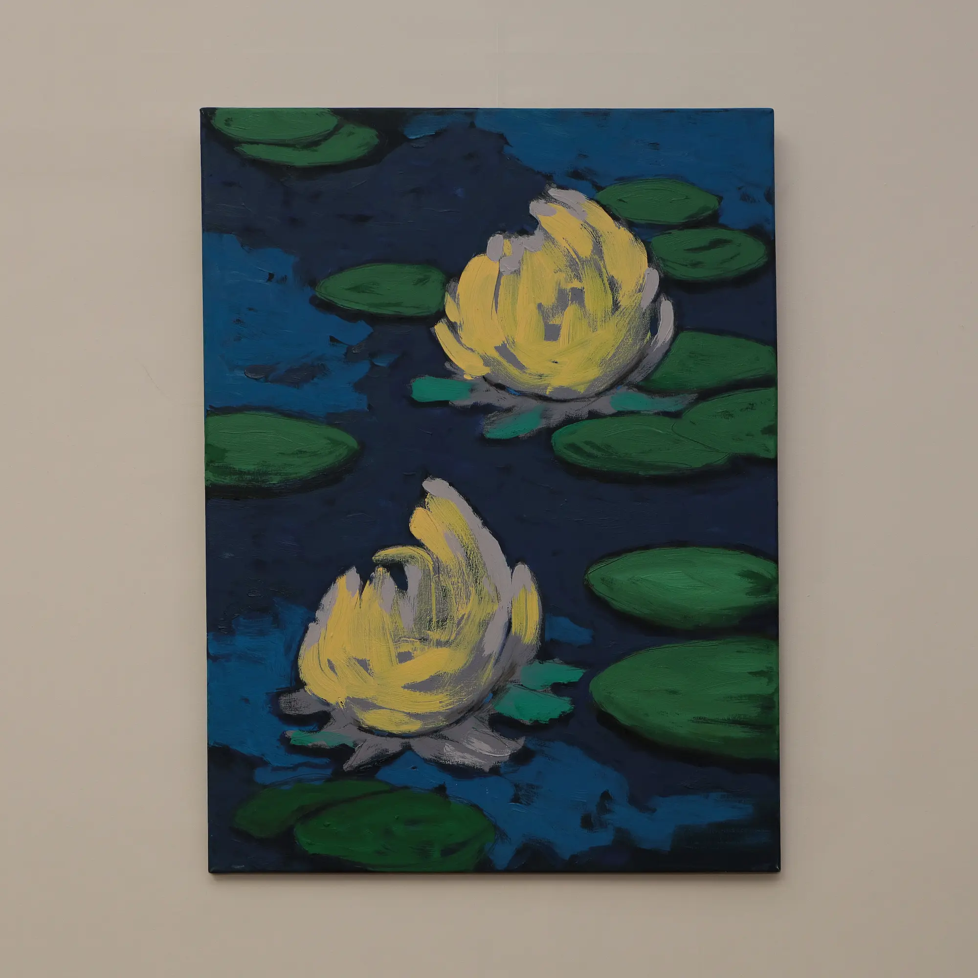 Nahaufnahme XL Gemälde gross Loft Hochformat dunkel blau hell pastell gelb Teich Seerosen Monet