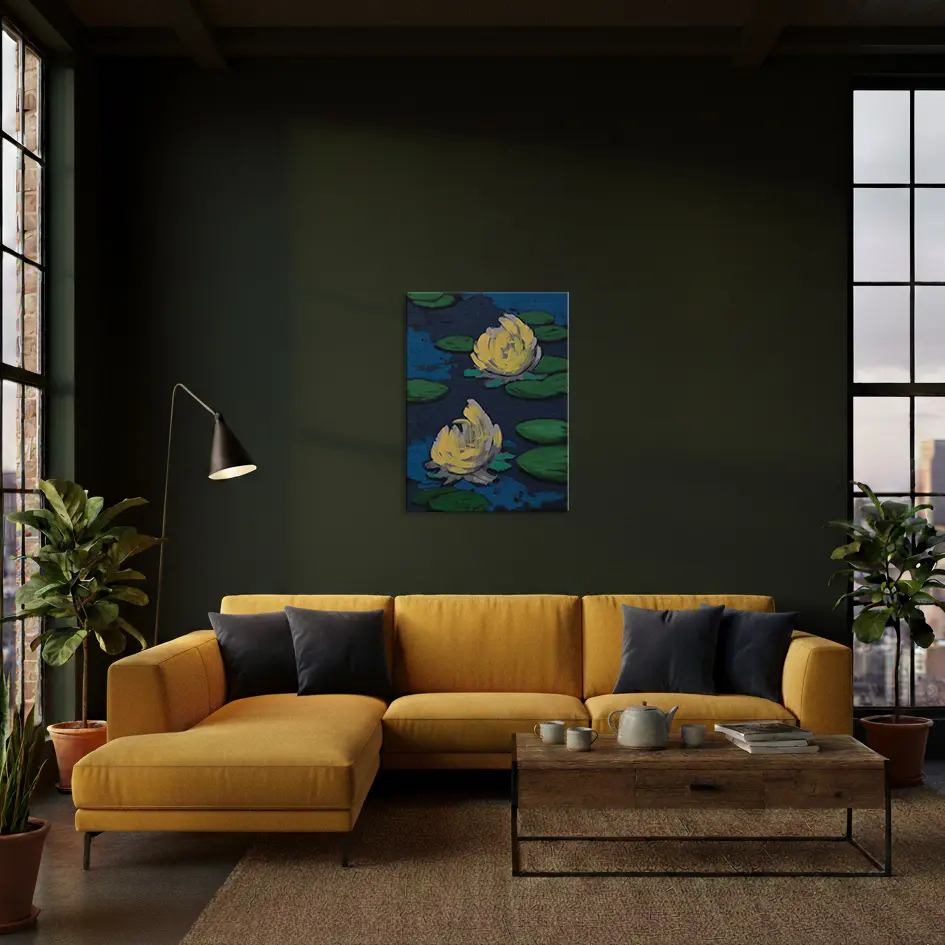 Wandbild für modernes Wohndesign XL Gemälde gross Loft Hochformat dunkel blau hell pastell gelb Teich Seerosen Monet