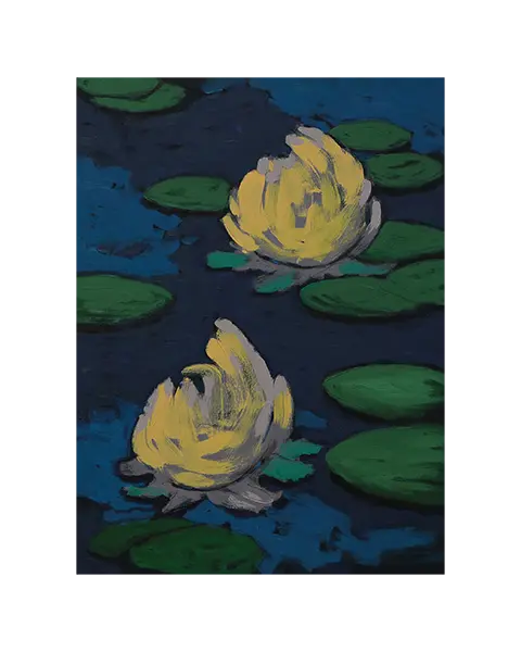 XL Gemälde gross Loft Hochformat dunkel blau hell pastell gelb Teich Seerosen Monet