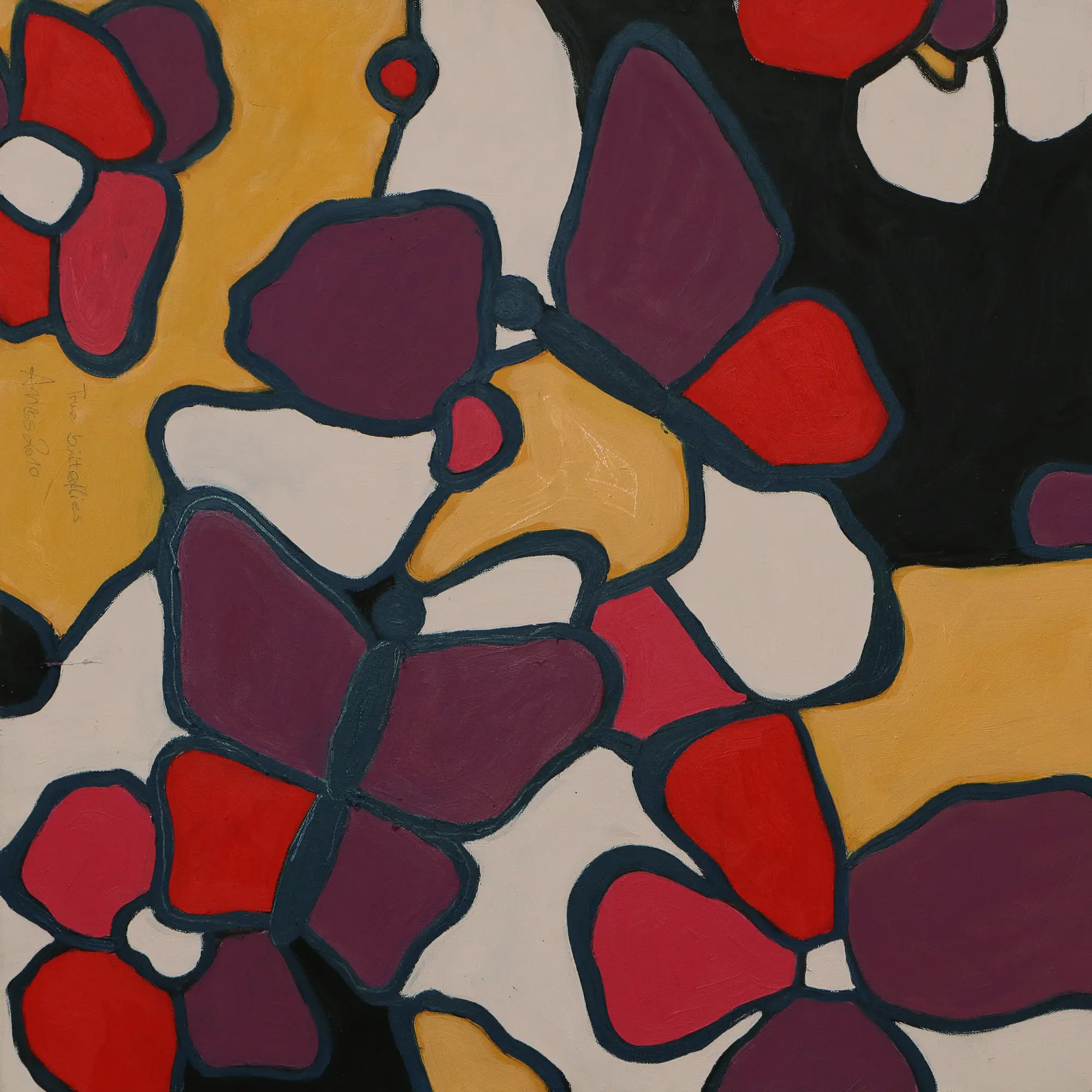 Gemälde weiss schwarz ocker rot lila violett Schmetterling Schmetterlinge