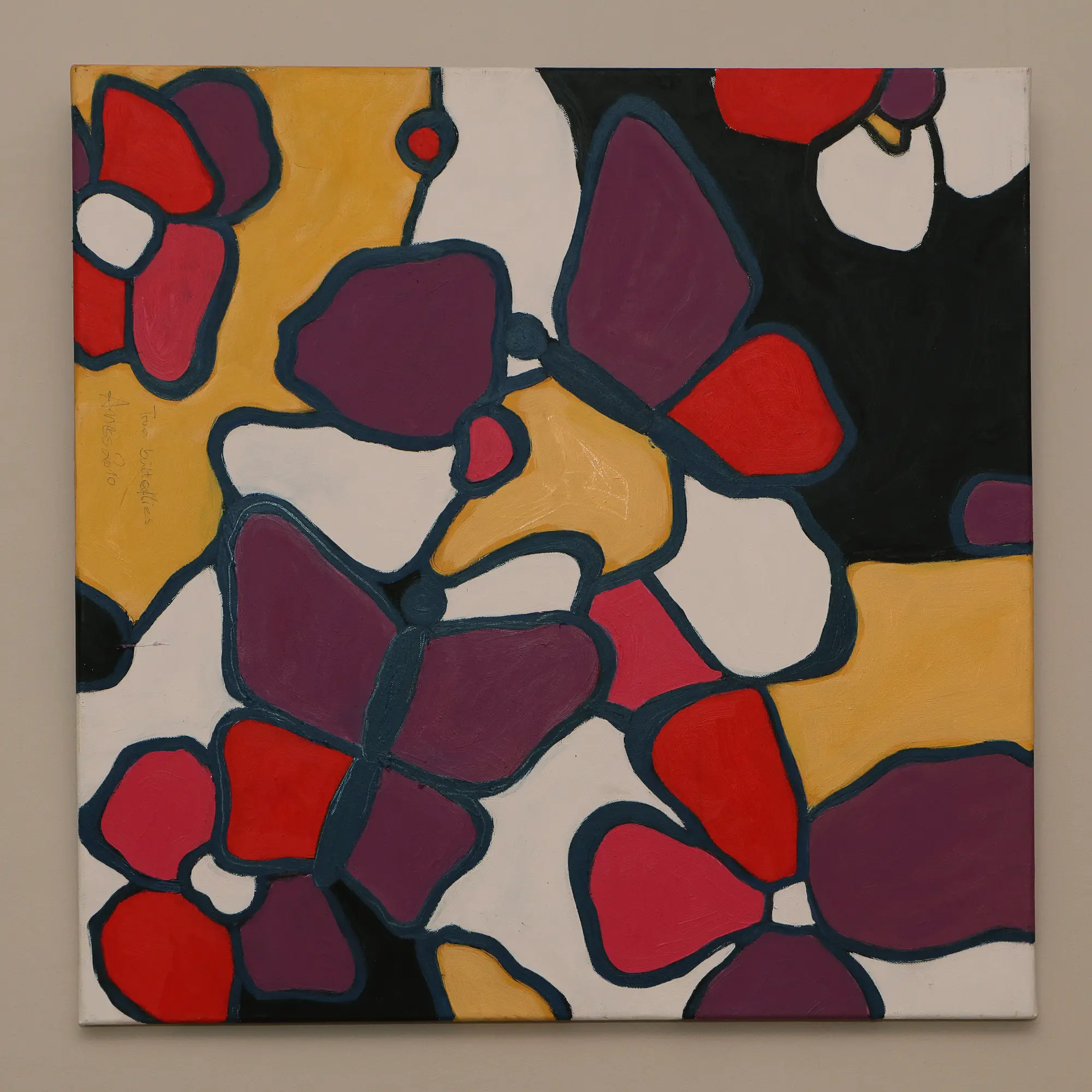 Nahaufnahme Gemälde weiss schwarz ocker rot lila violett Schmetterling Schmetterlinge