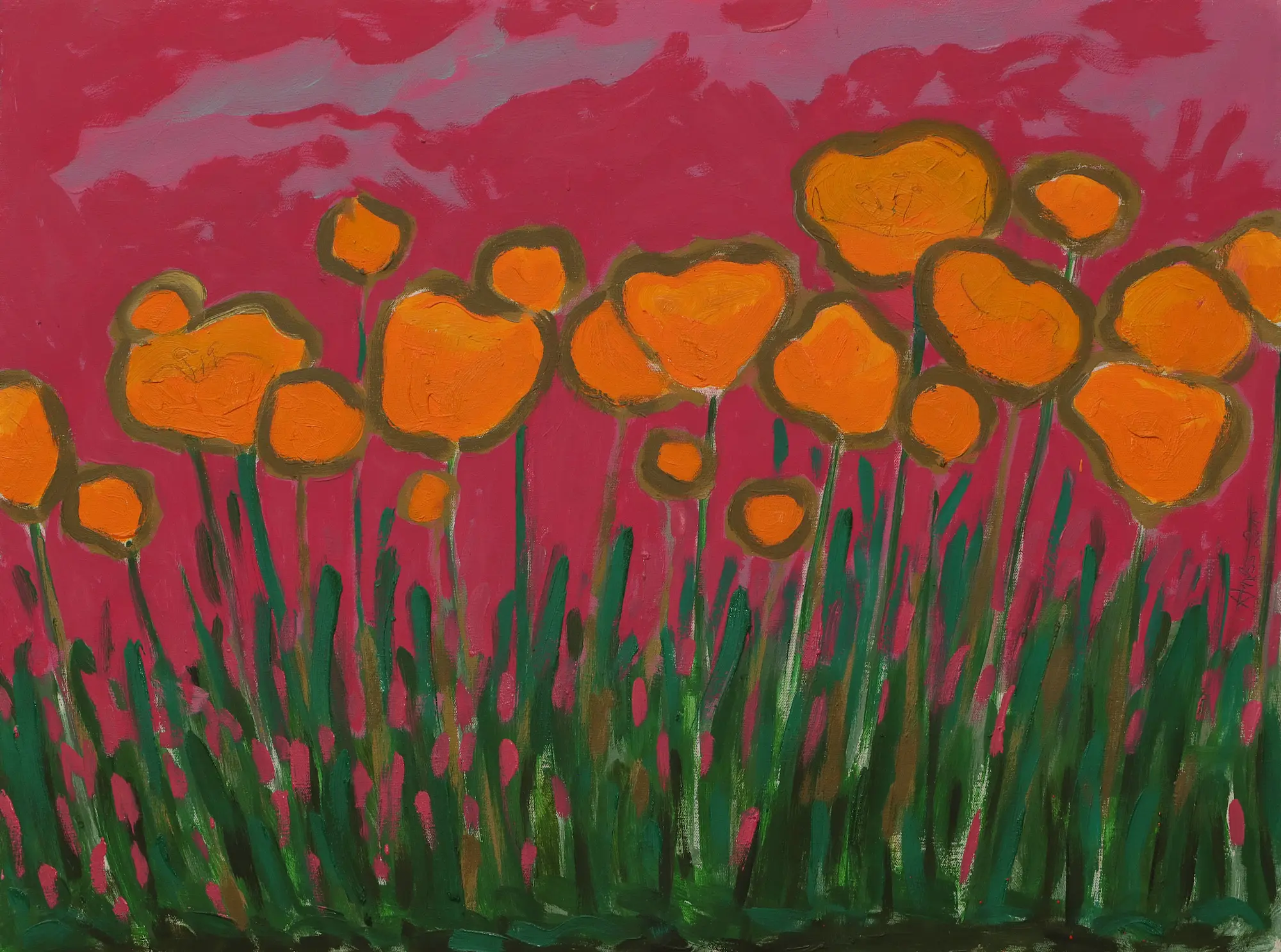 XXL XL Oel Gemälde groß Loft orange pink Blumen Wiese Tulpen Mohn Kunst Unikat